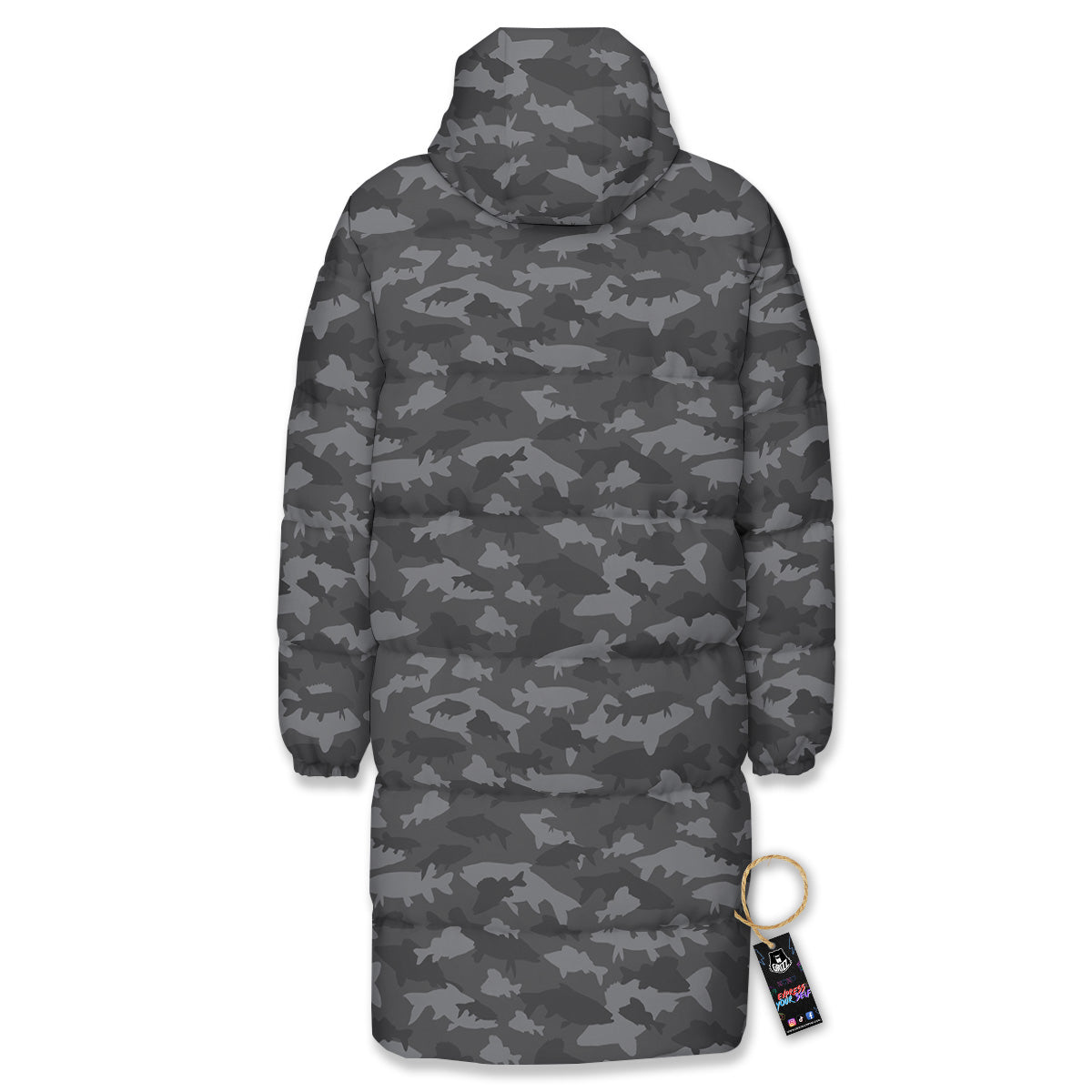 Fish Camouflage Grey Print Pattern Long Down Jacket