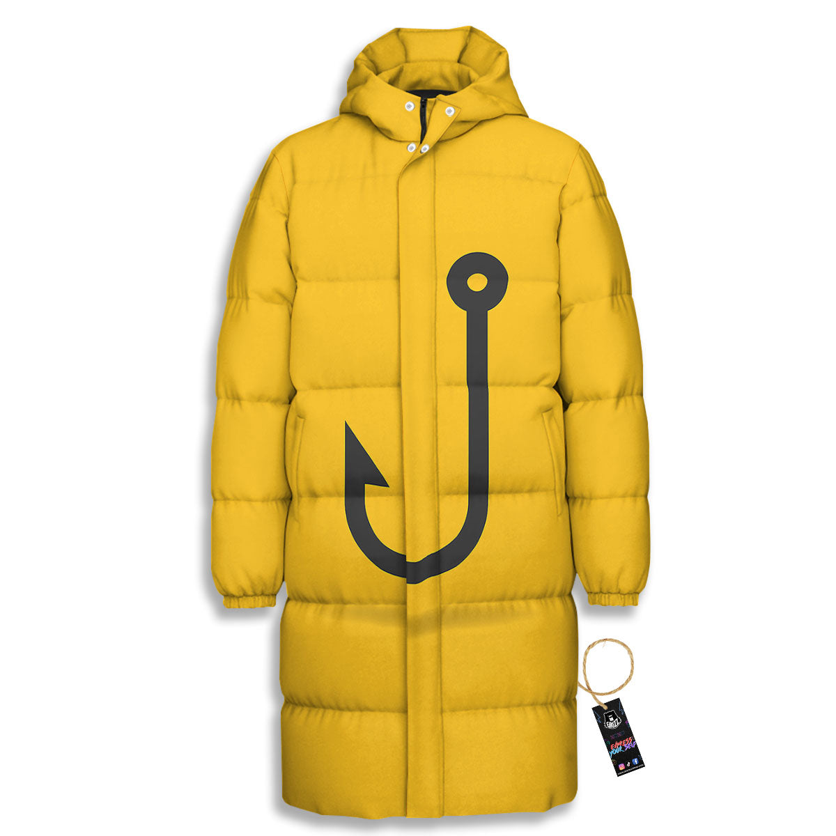 Fishing Hooks Print Long Down Jacket-grizzshop
