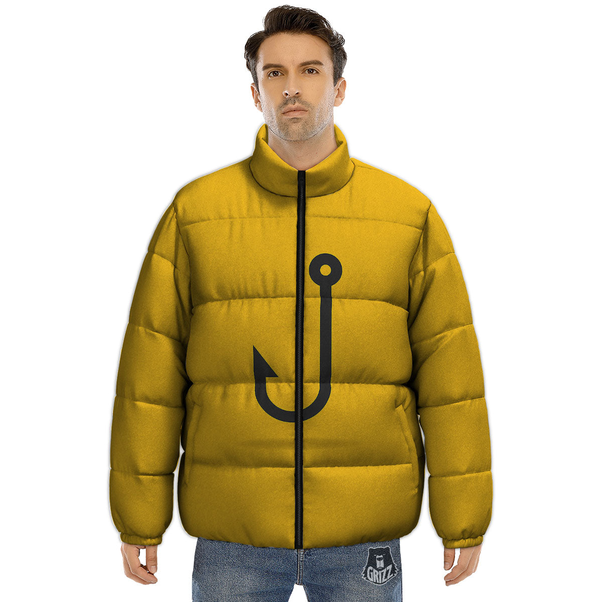 Fishing Hooks Print Puffer Jacket-grizzshop