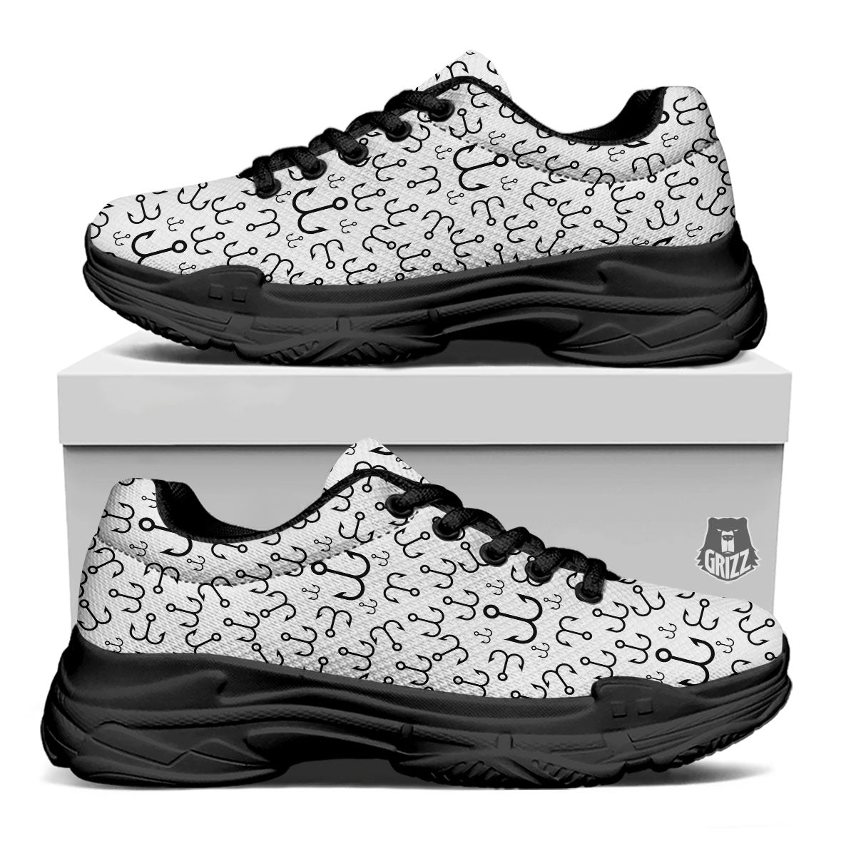 Fishing Hooks White And Black Print Black Chunky Shoes-grizzshop