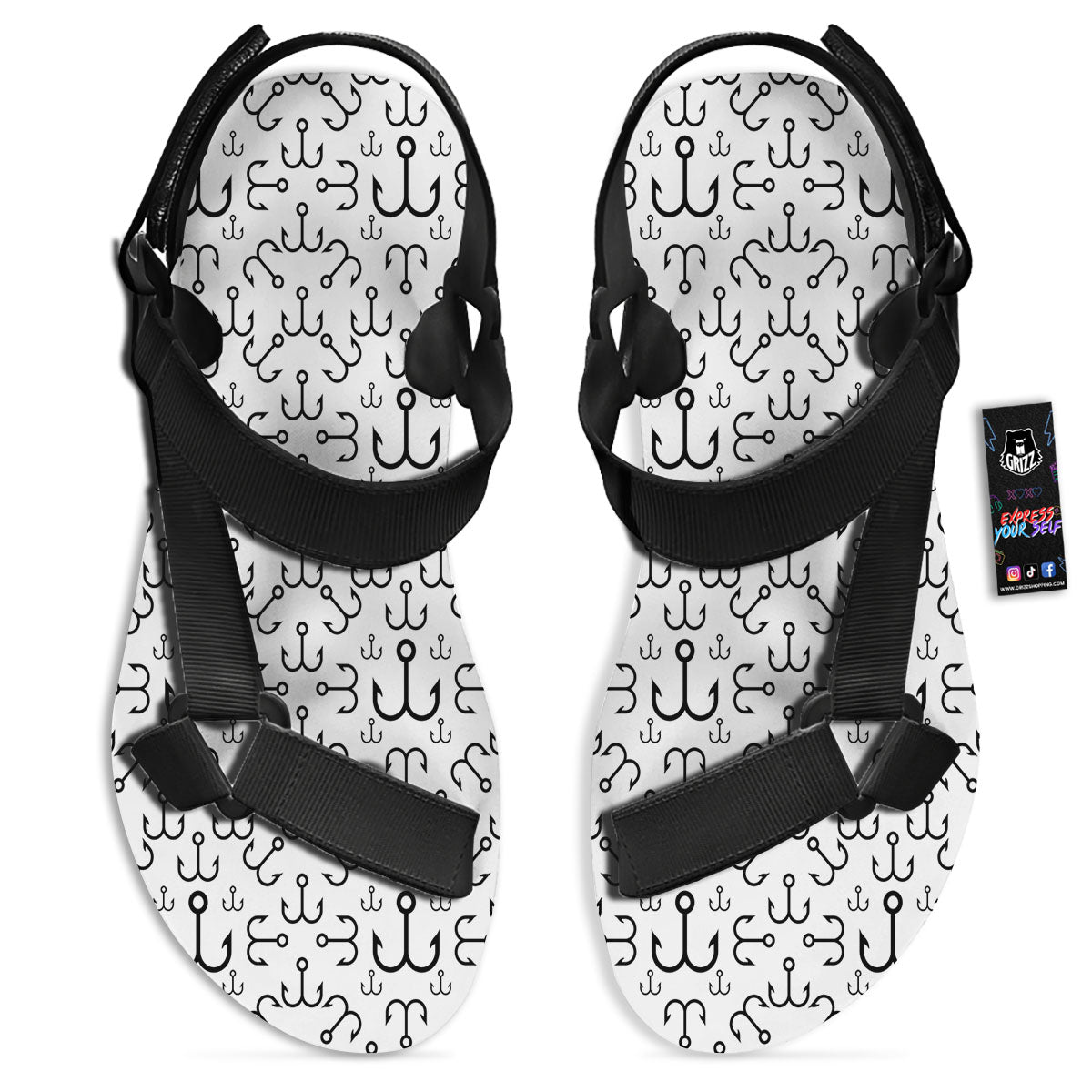 Fishing Hooks White And Black Print Black Open Toe Sandals-grizzshop