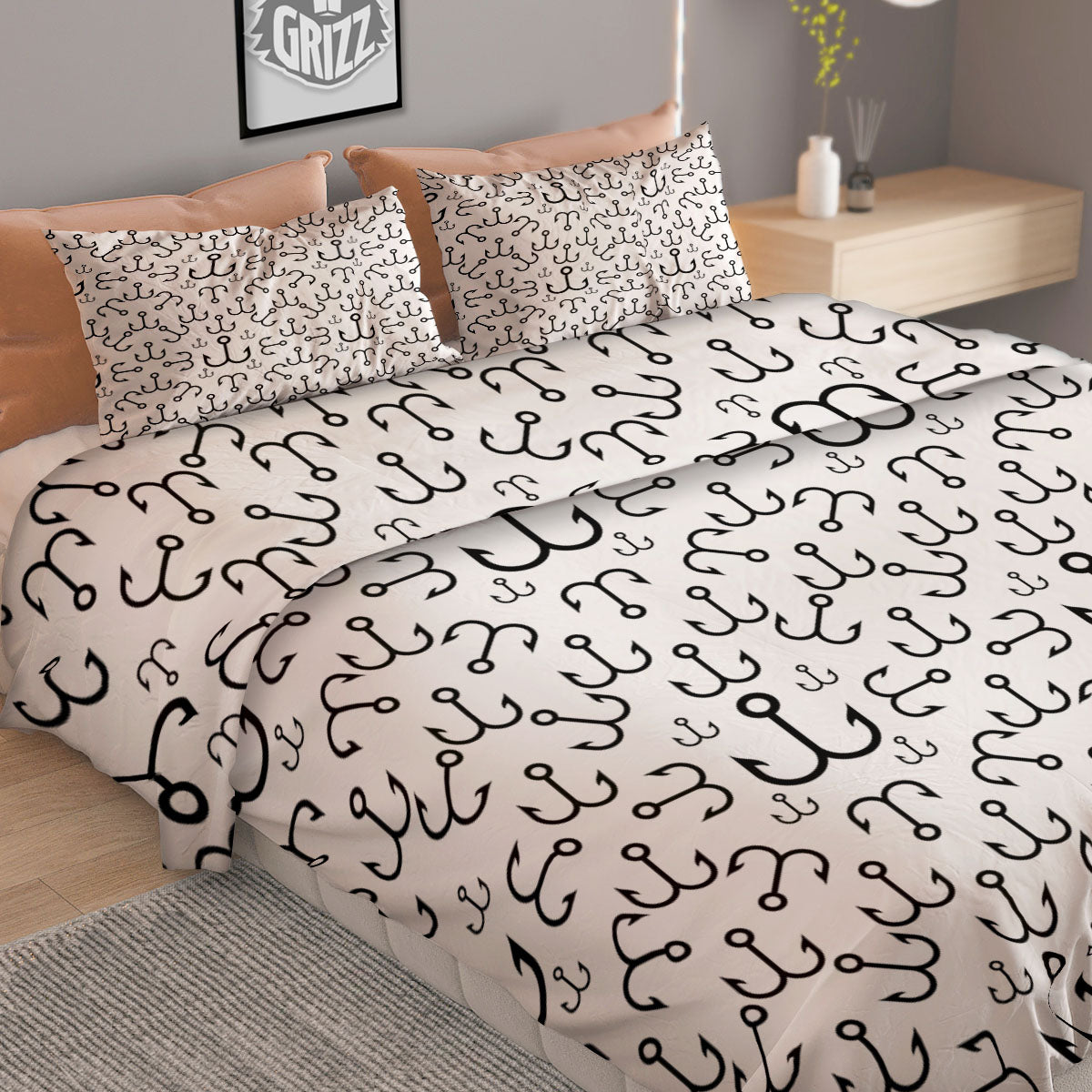 Fishing Hooks White And Black Print Duvet Cover Bedding Set