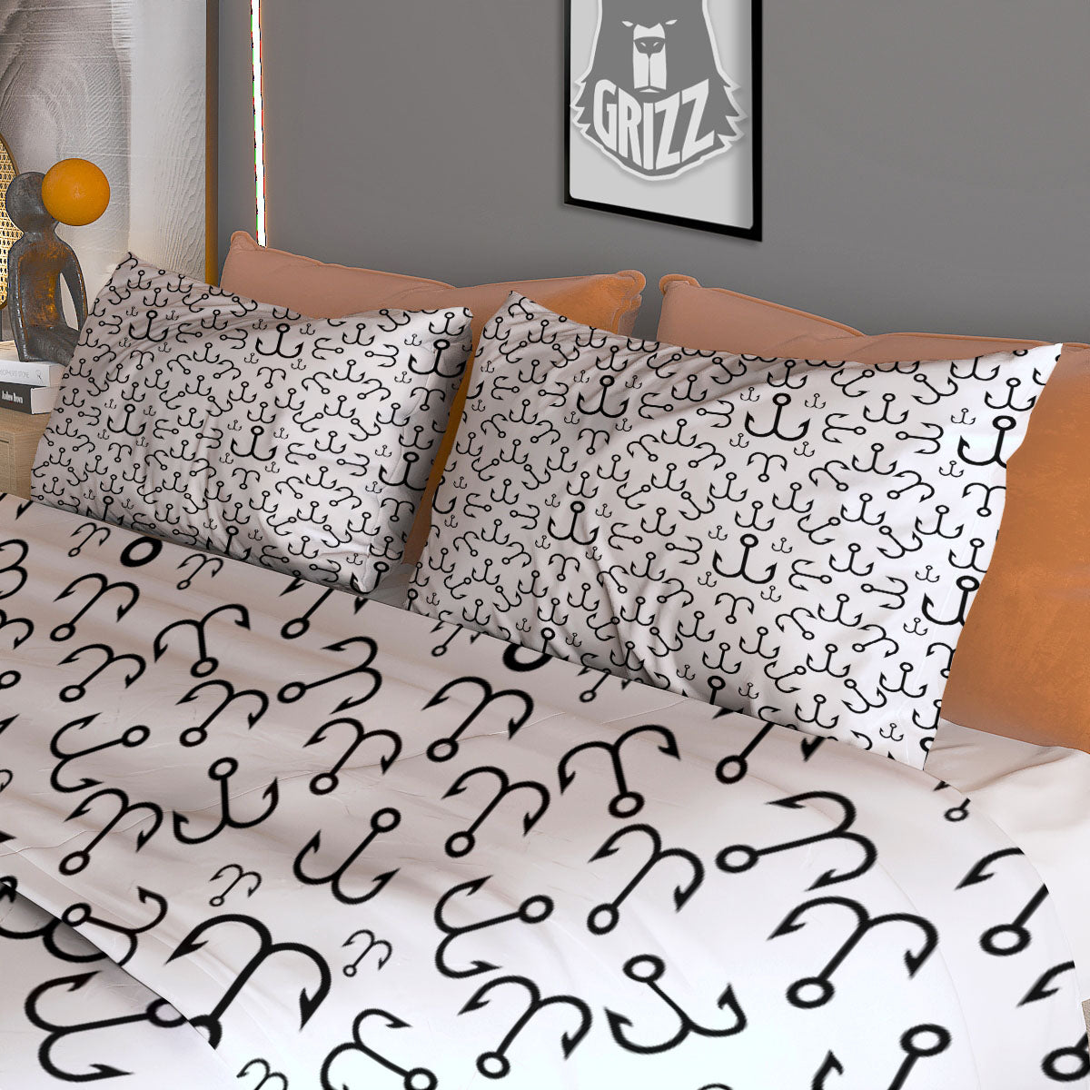 Fishing Hooks White And Black Print Duvet Cover Bedding Set