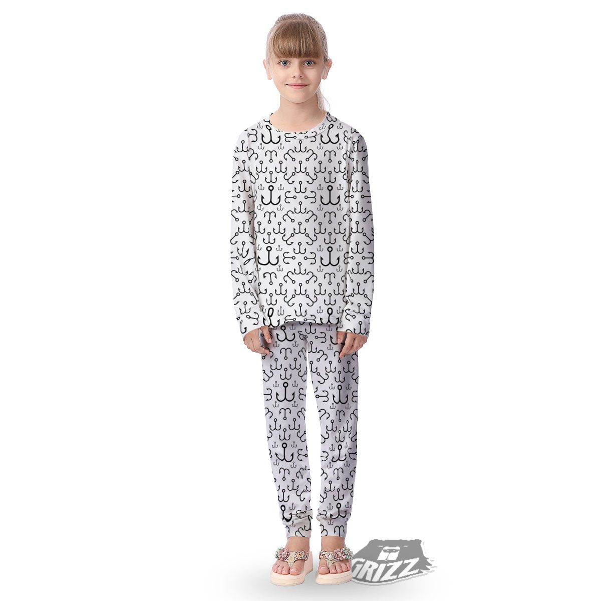 Fishing Hooks White And Black Print Kid's Pajamas-grizzshop