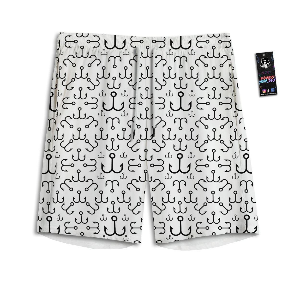 Fishing Hooks White And Black Print Men's Athletic Shorts