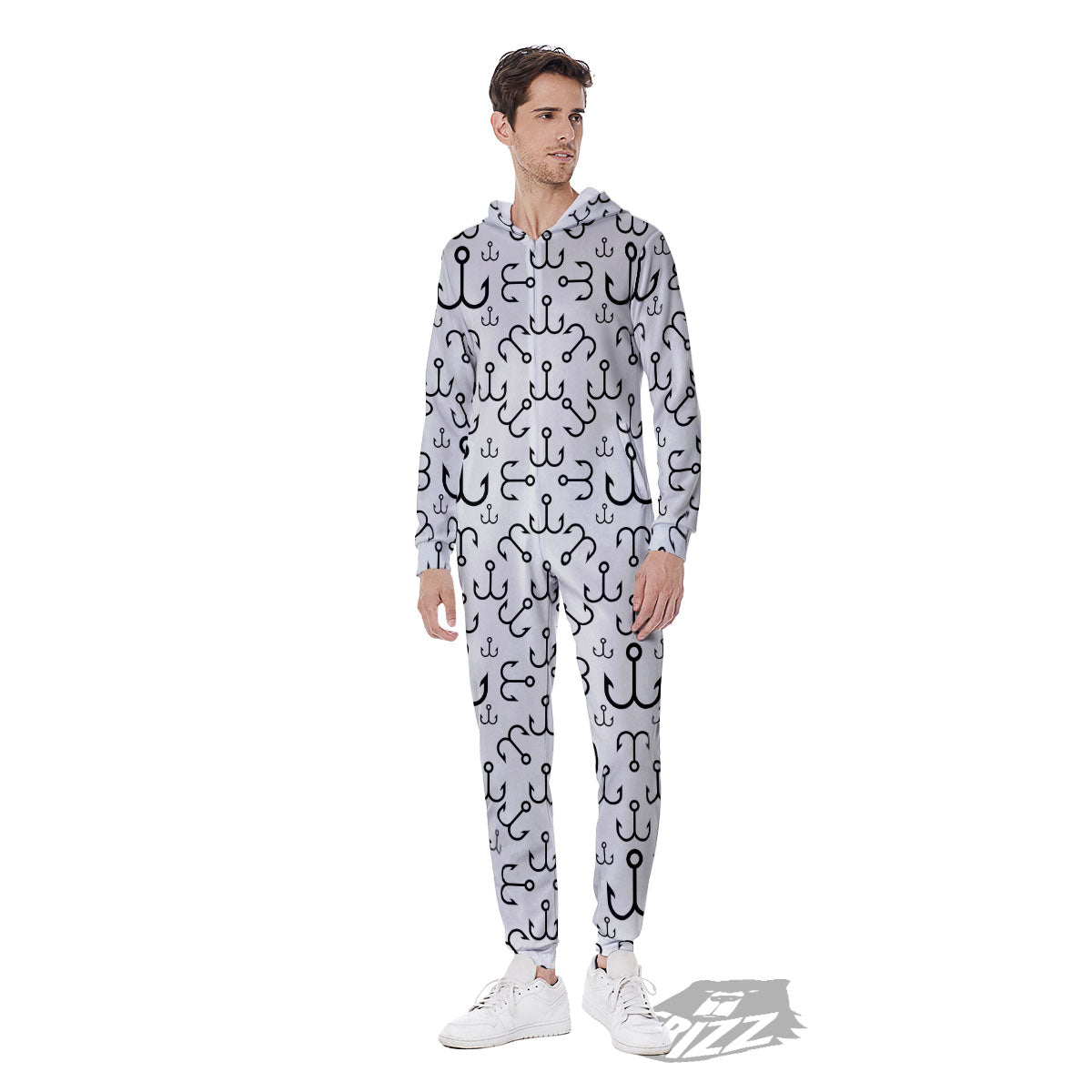 Fishing Hooks White And Black Print Men's Jumpsuit-grizzshop