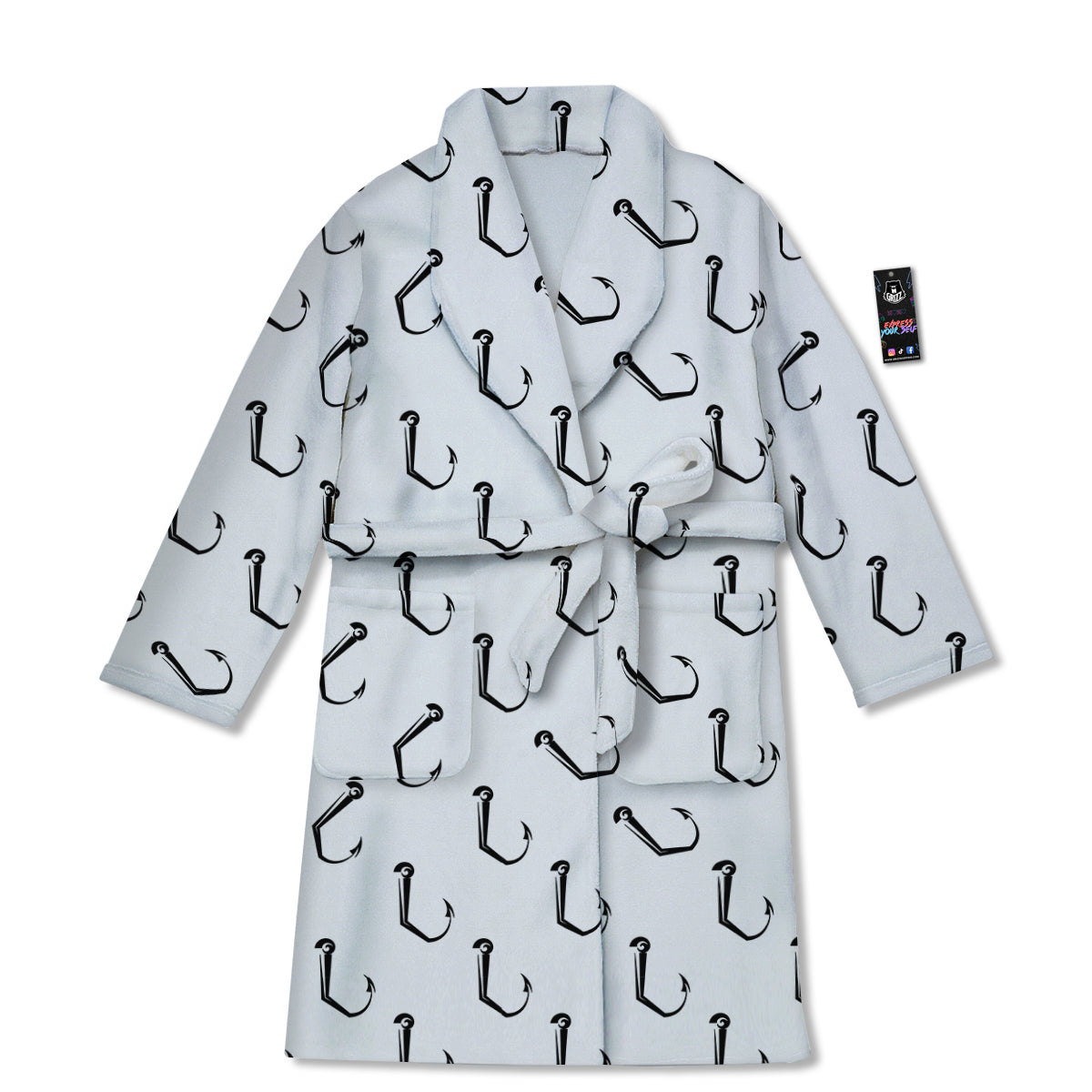 Fishing Hooks White And Black Print Pattern Bathrobe-grizzshop