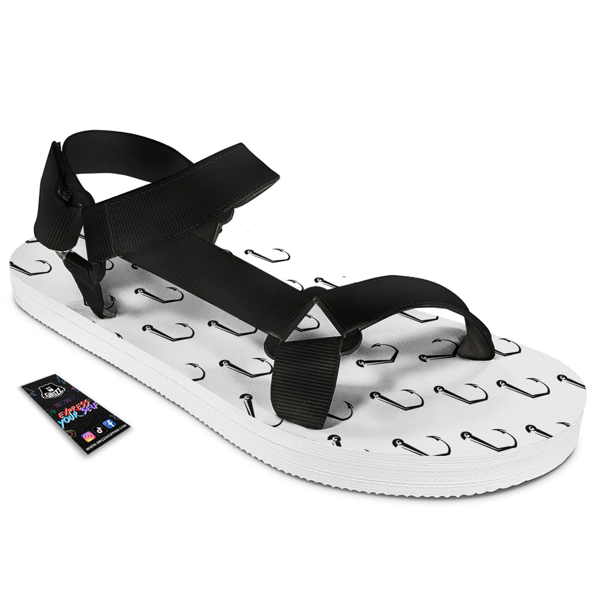 Fishing Hooks White And Black Print Pattern Black Open Toe Sandals-grizzshop