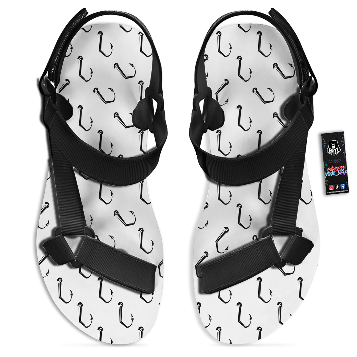 Fishing Hooks White And Black Print Pattern Black Open Toe Sandals-grizzshop
