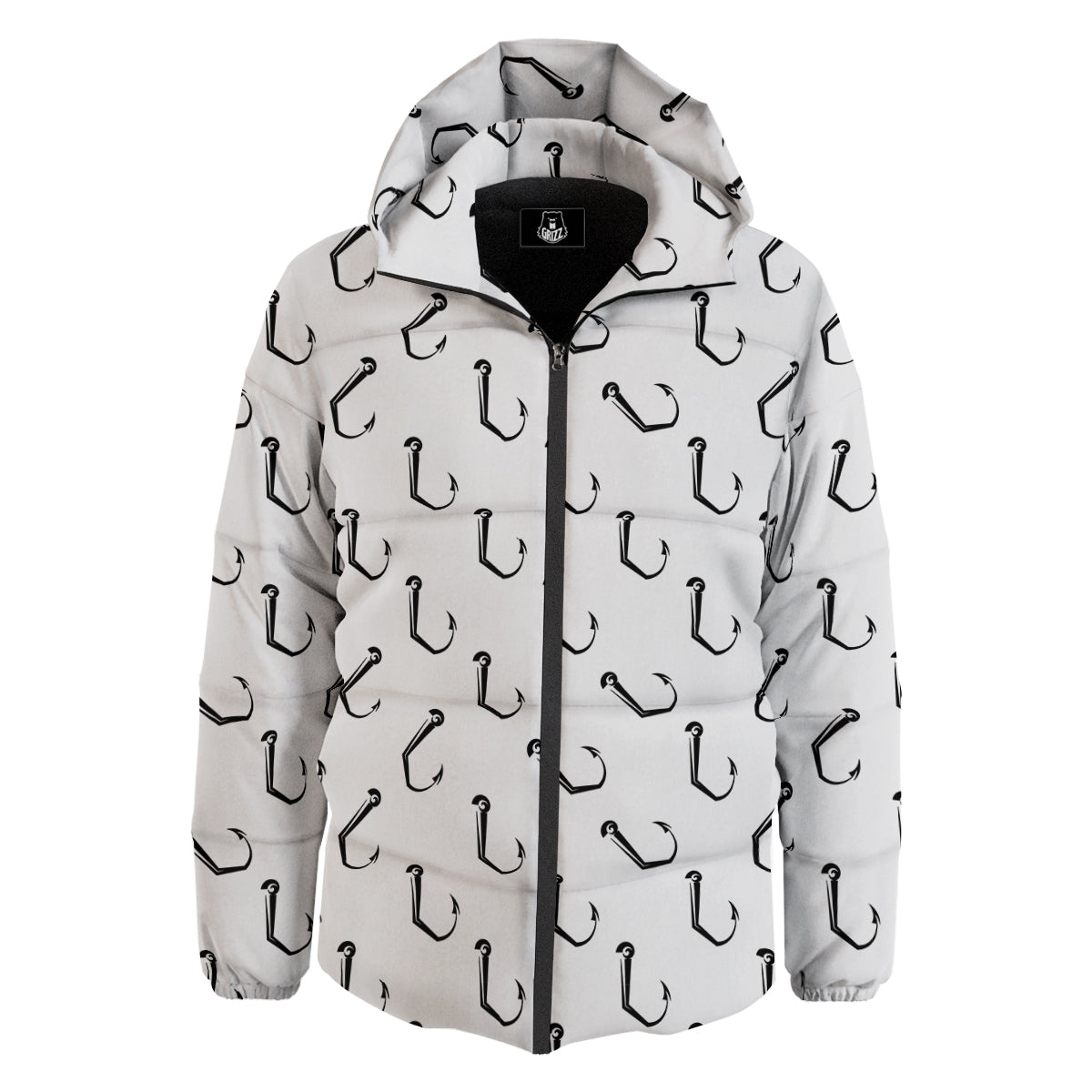 Fishing Hooks White And Black Print Pattern Down Jacket-grizzshop