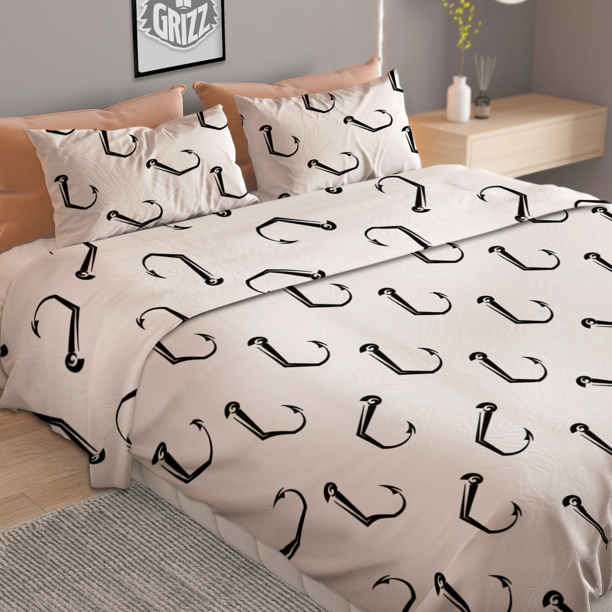 Fishing Hooks White And Black Print Pattern Duvet Cover Bedding Set