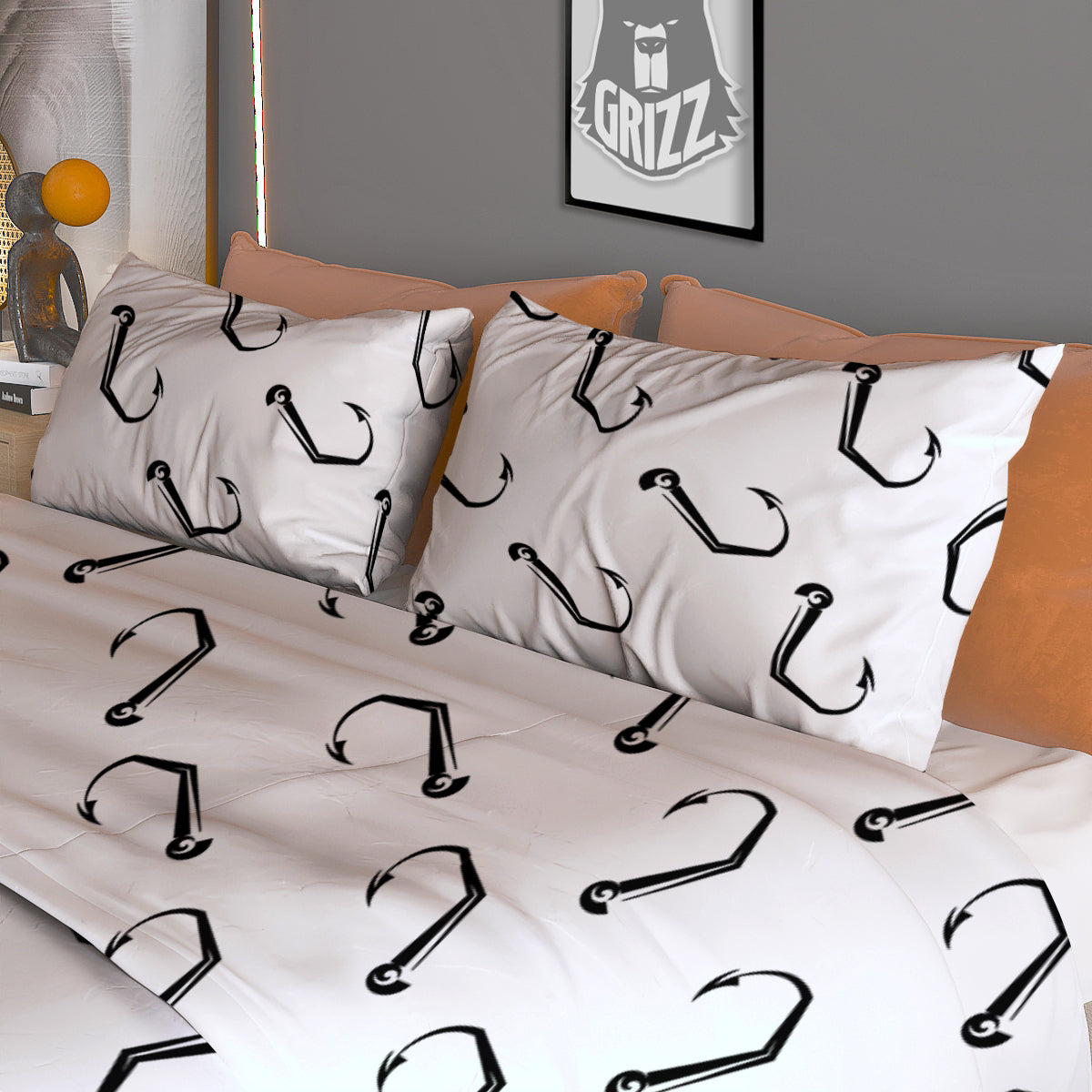 Fishing Hooks White And Black Print Pattern Duvet Cover Bedding Set