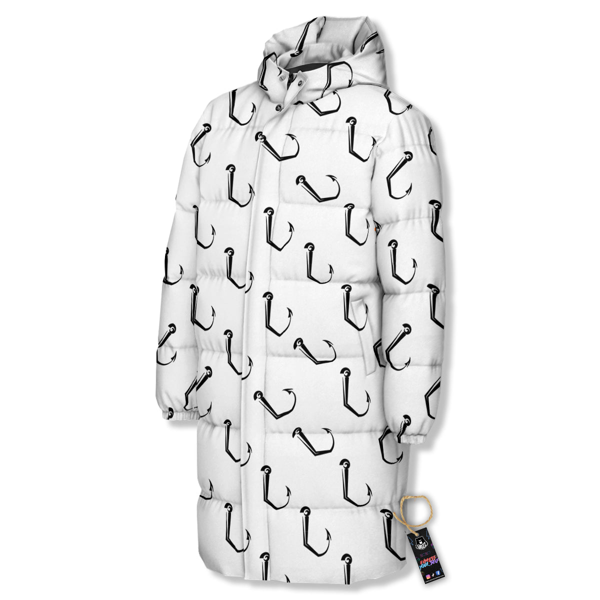 Fishing Hooks White And Black Print Pattern Long Down Jacket-grizzshop