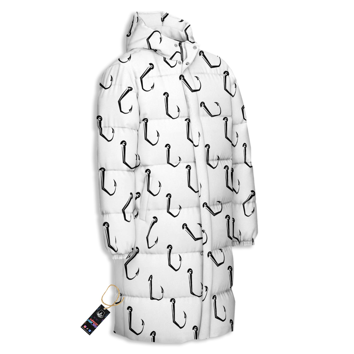 Fishing Hooks White And Black Print Pattern Long Down Jacket-grizzshop