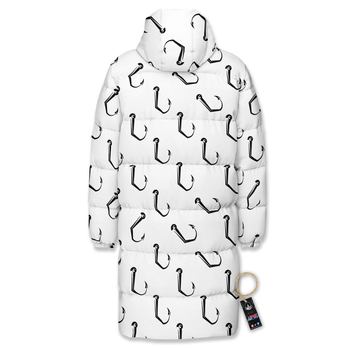 Fishing Hooks White And Black Print Pattern Long Down Jacket-grizzshop