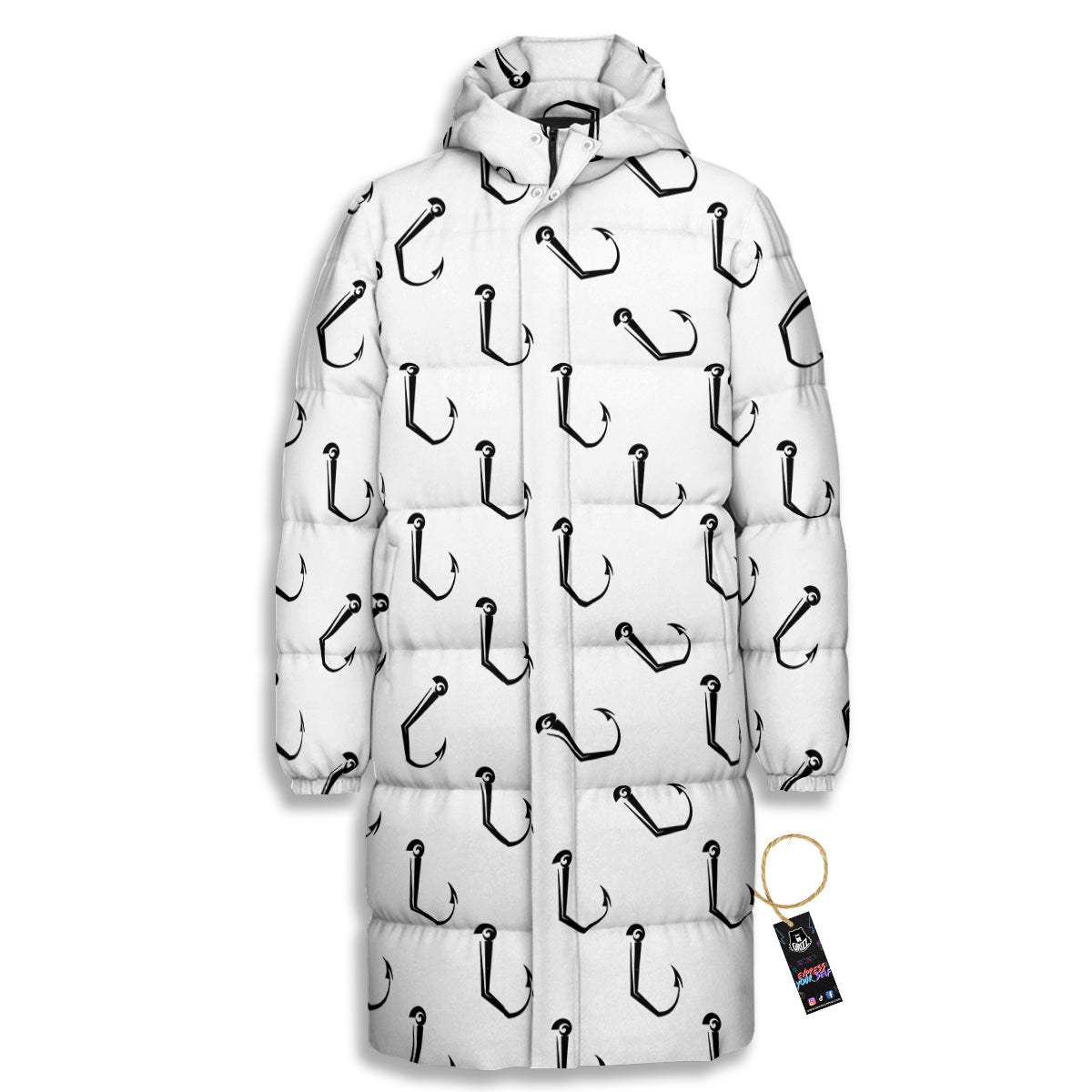 Fishing Hooks White And Black Print Pattern Long Down Jacket-grizzshop