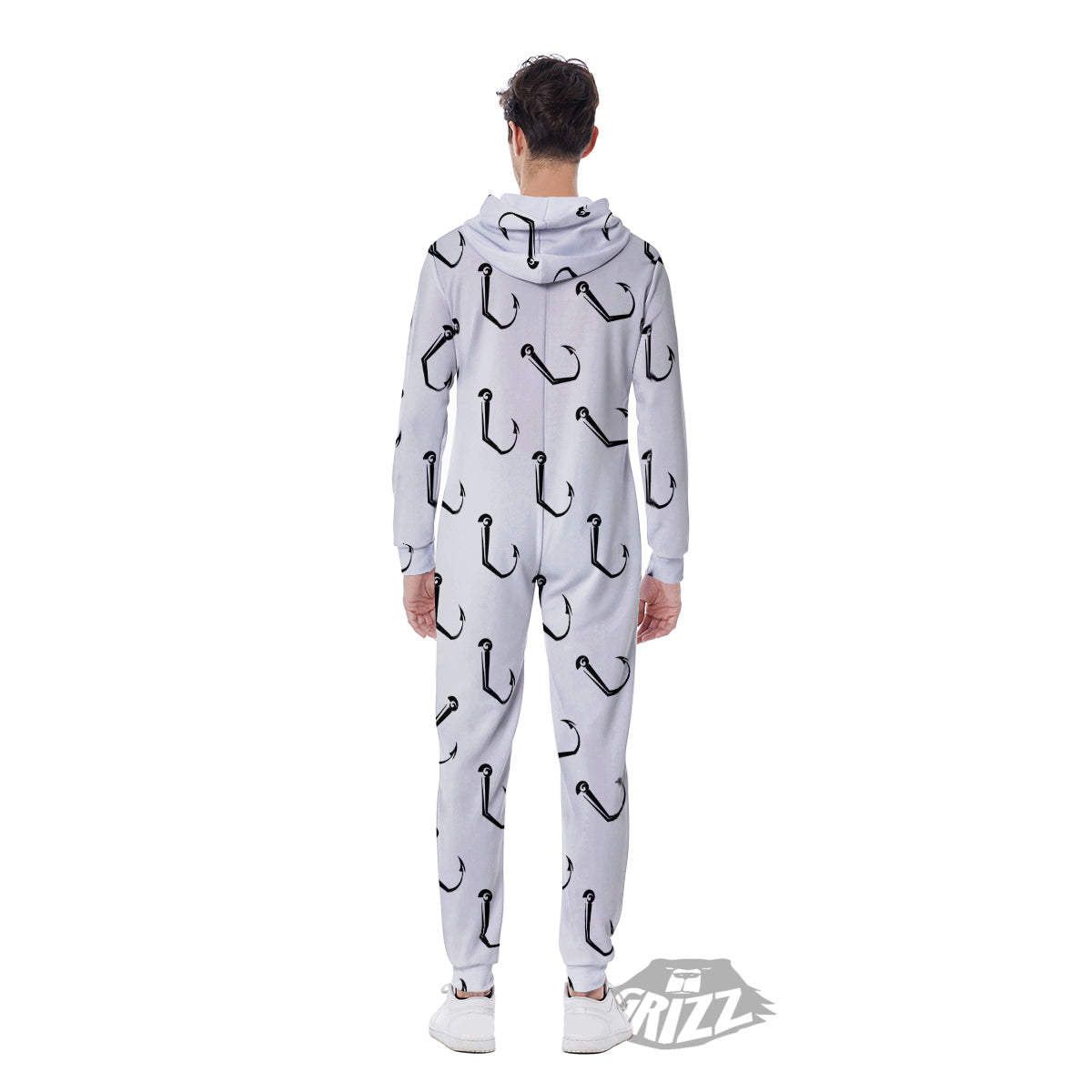 Fishing Hooks White And Black Print Pattern Men's Jumpsuit-grizzshop