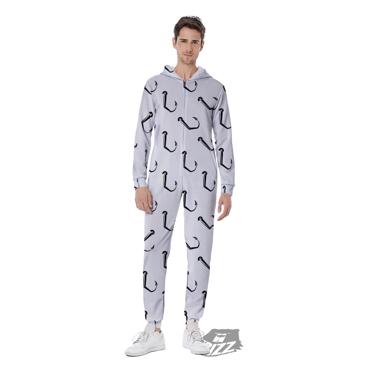 Fishing Hooks White And Black Print Pattern Men's Jumpsuit-grizzshop