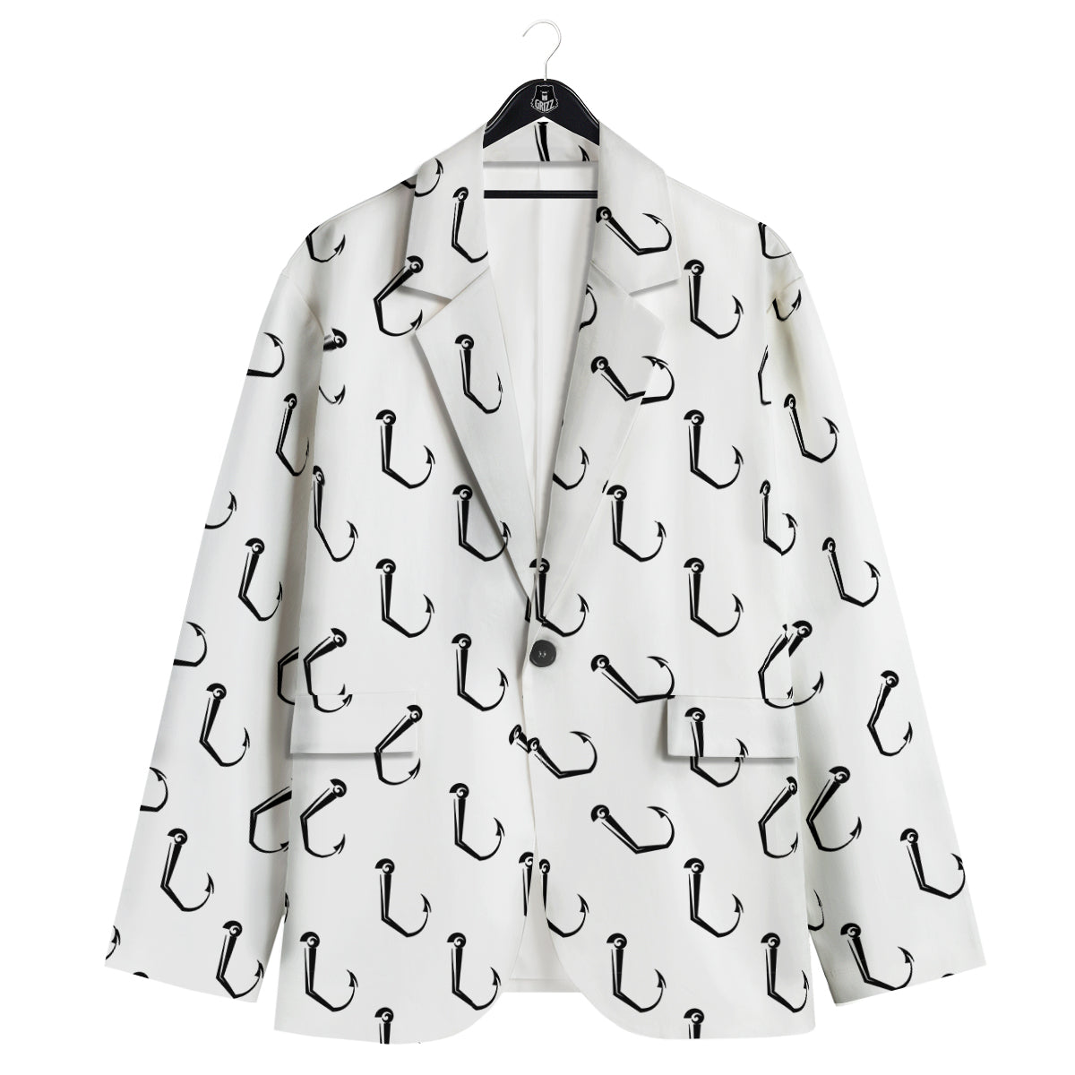 Fishing Hooks White And Black Print Pattern Men's Sport Coat-grizzshop