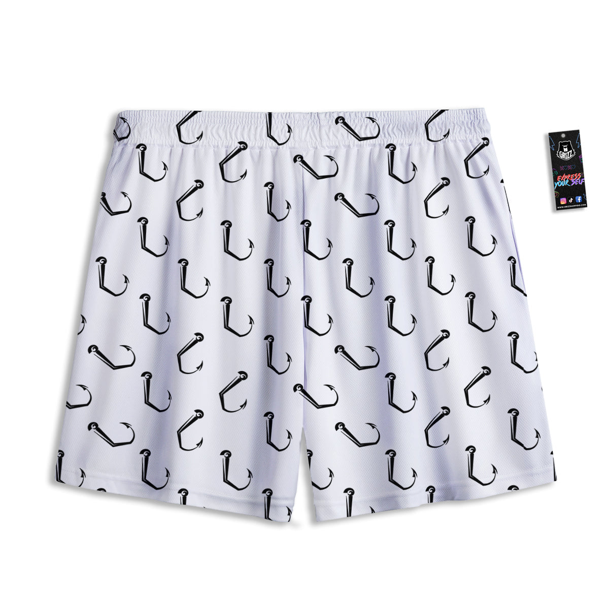 Fishing Hooks White And Black Print Pattern Mesh Shorts