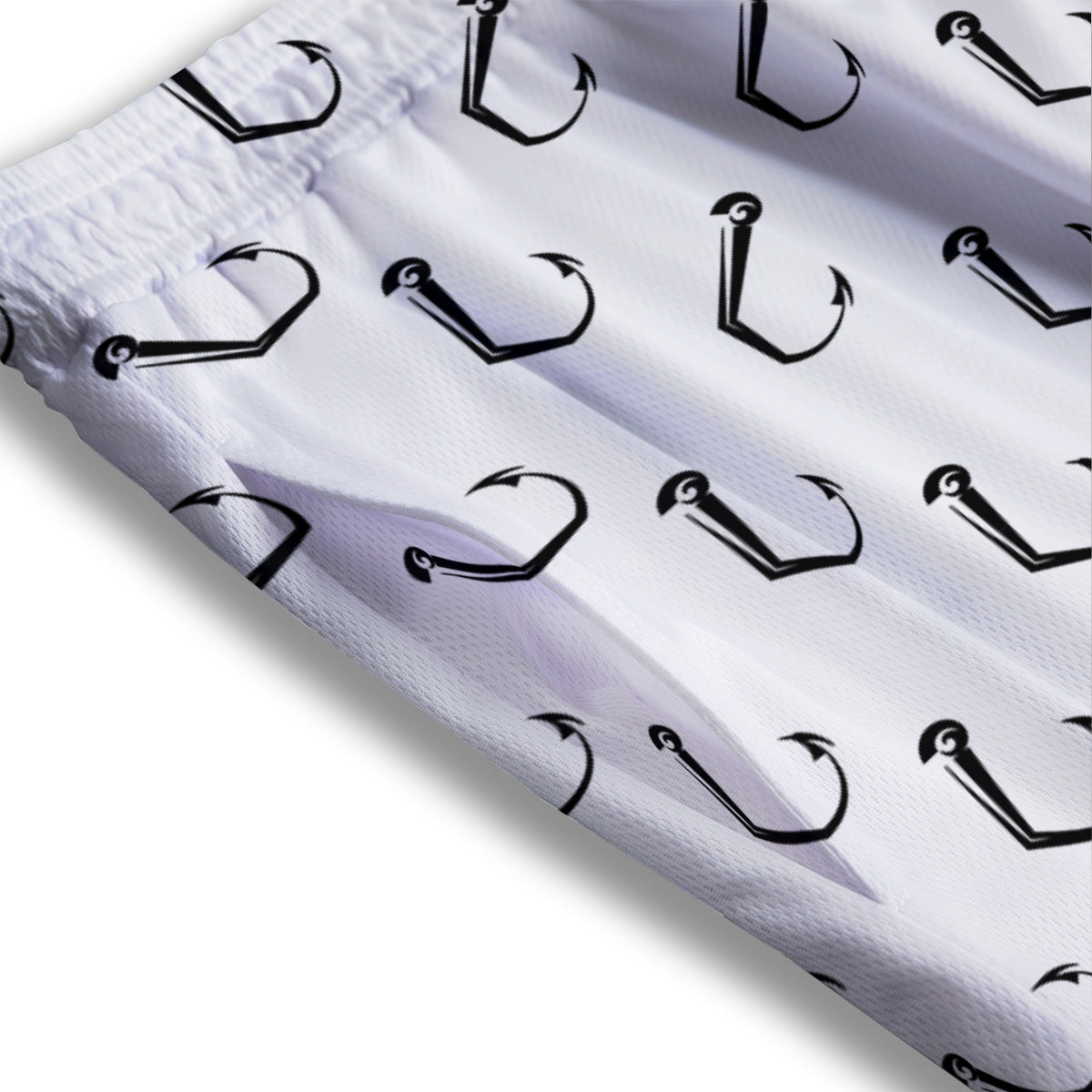 Fishing Hooks White And Black Print Pattern Mesh Shorts
