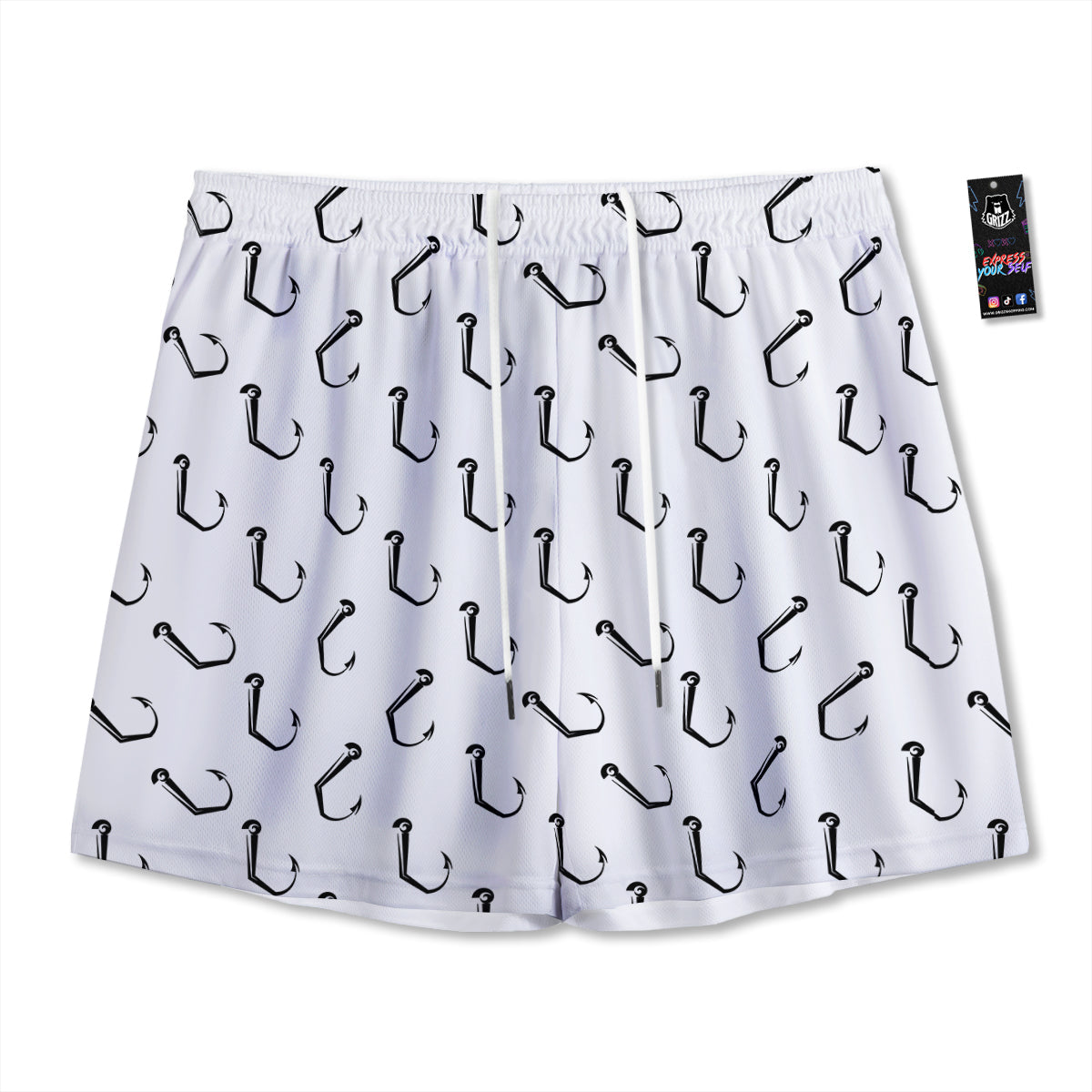 Fishing Hooks White And Black Print Pattern Mesh Shorts