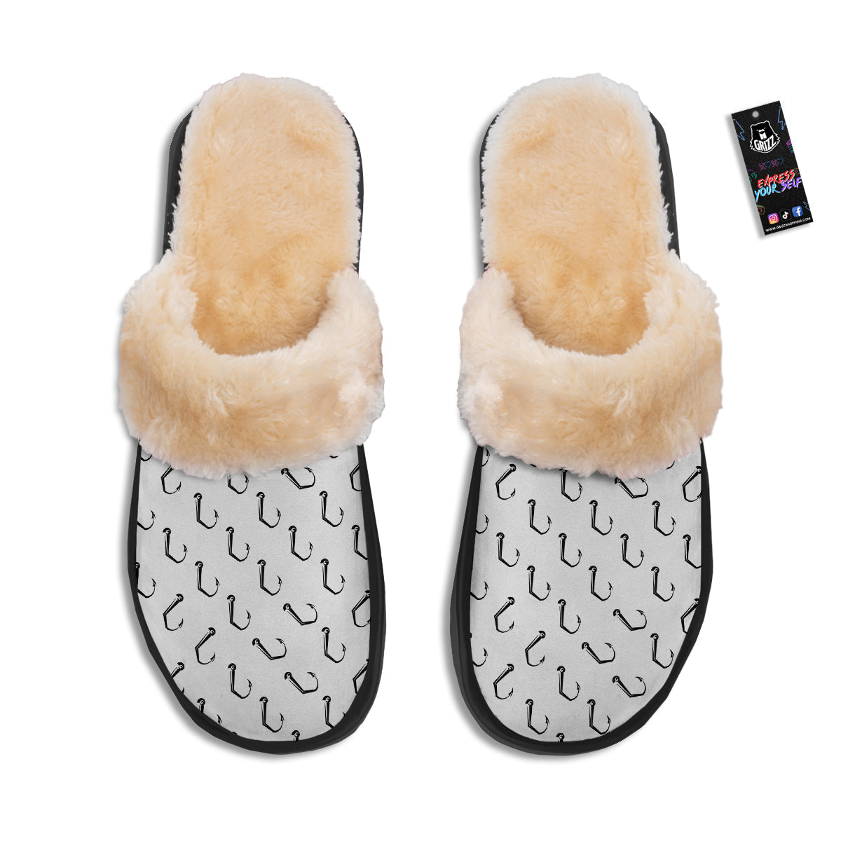 Fishing Hooks White And Black Print Pattern Slippers-grizzshop