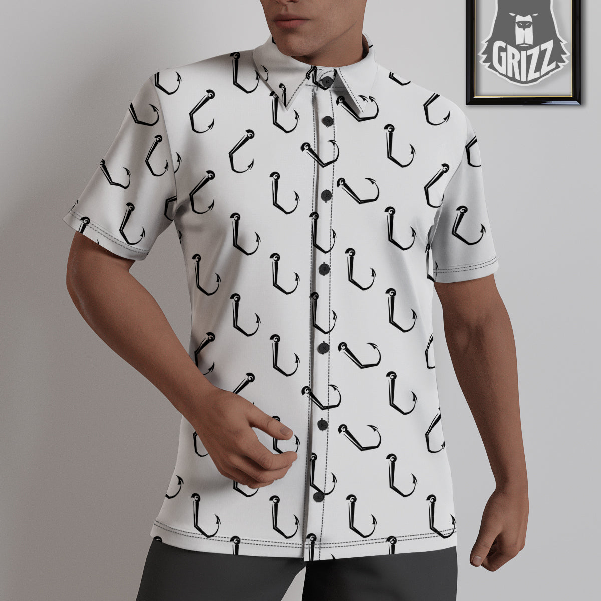 Fishing Hooks White And Black Print Pattern Untucked Shirts-grizzshop