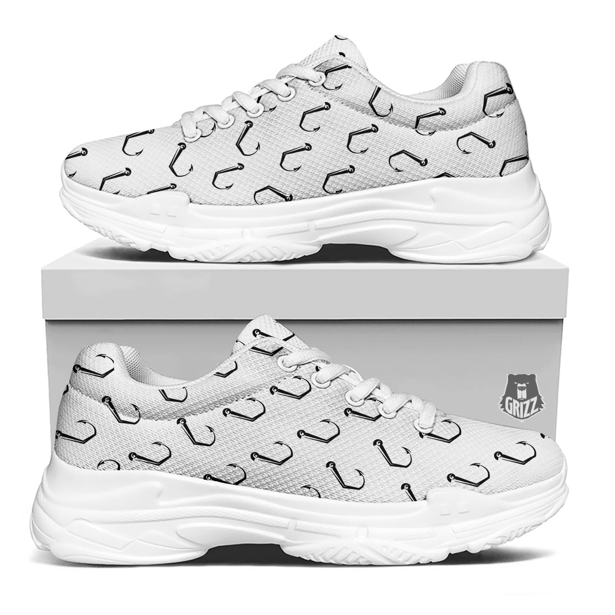 Fishing Hooks White And Black Print Pattern White Chunky Shoes-grizzshop