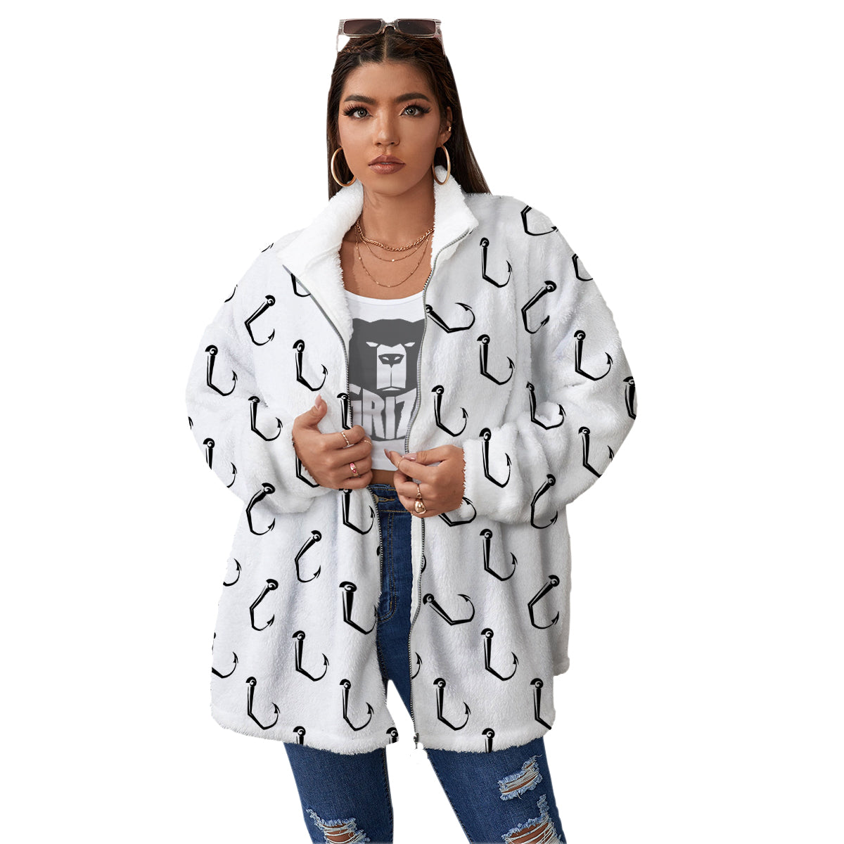 Fishing Hooks White And Black Print Pattern Women's Sherpa Jacket-grizzshop