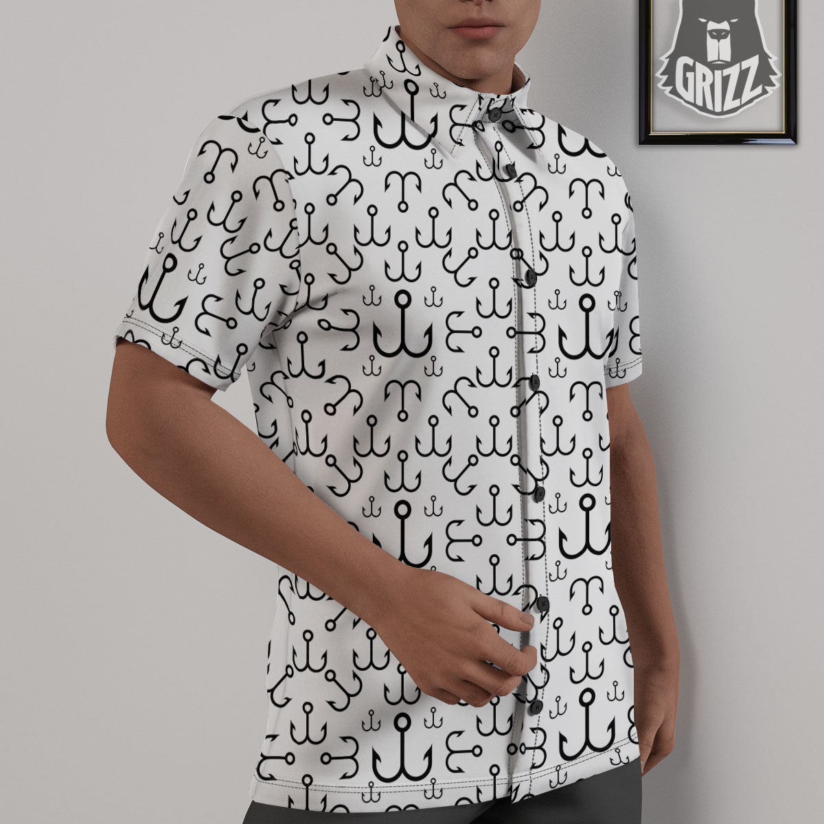 Fishing Hooks White And Black Print Untucked Shirts-grizzshop