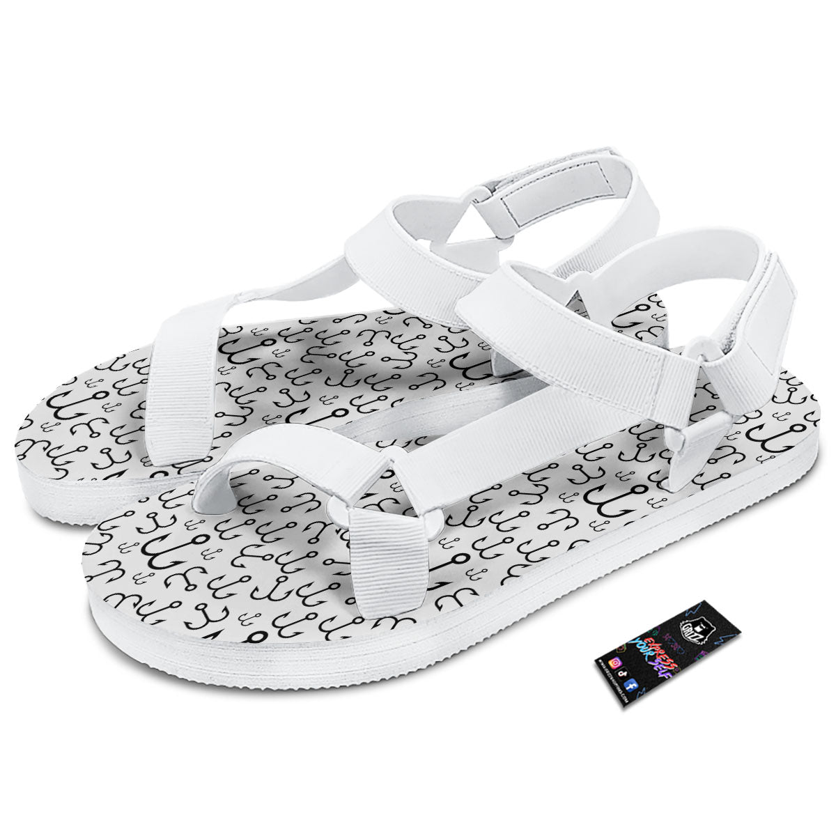 Fishing Hooks White And Black Print White Open Toe Sandals-grizzshop