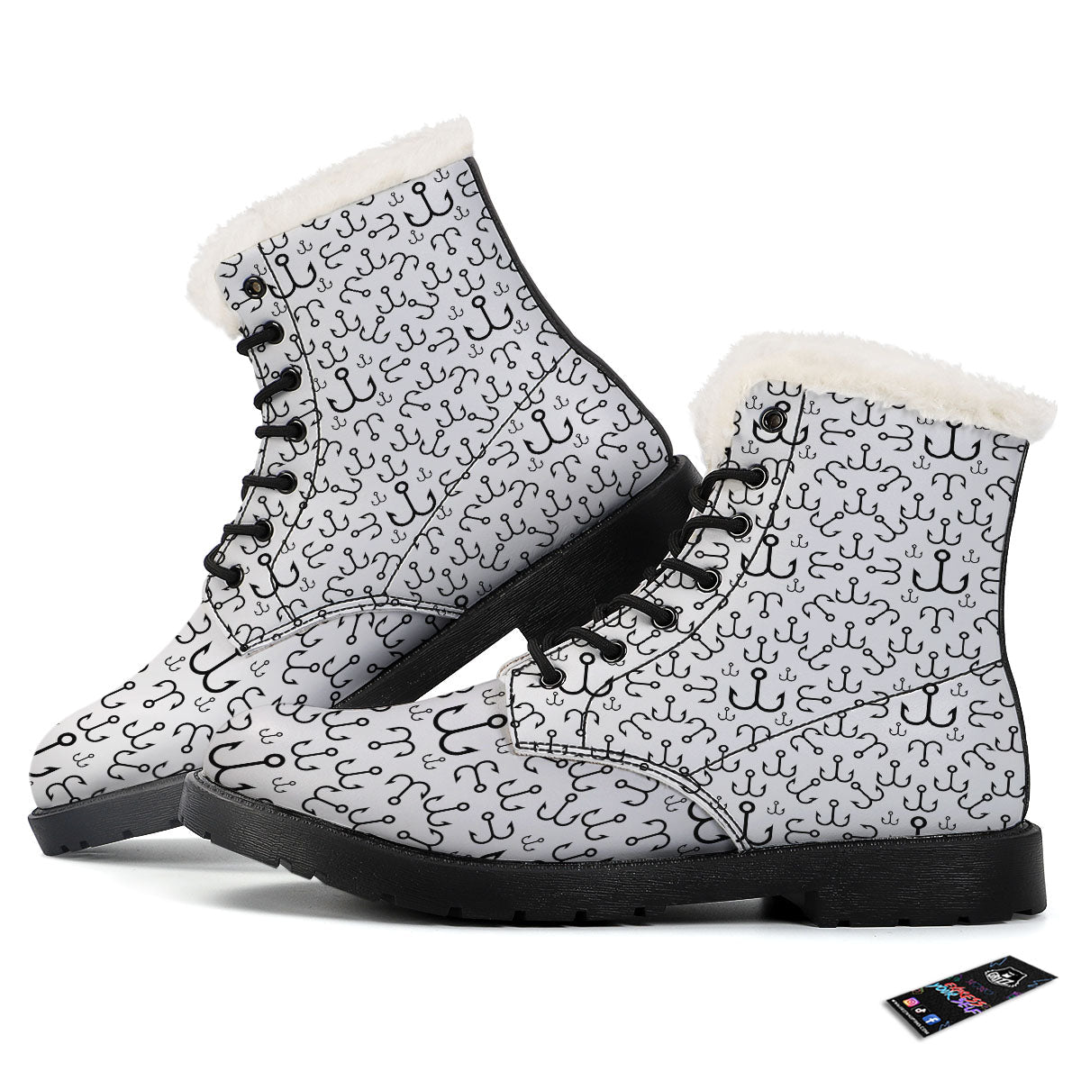 Fishing Hooks White And Black Print Winter Boots-grizzshop