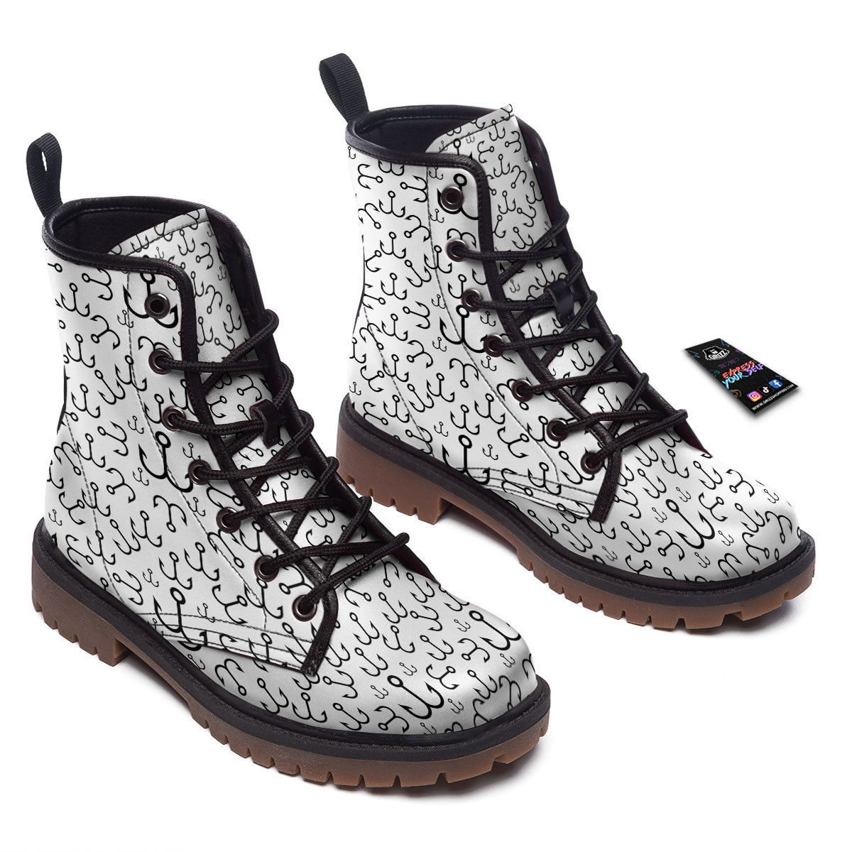 Fishing Hooks White And Black Print Work Boots-grizzshop