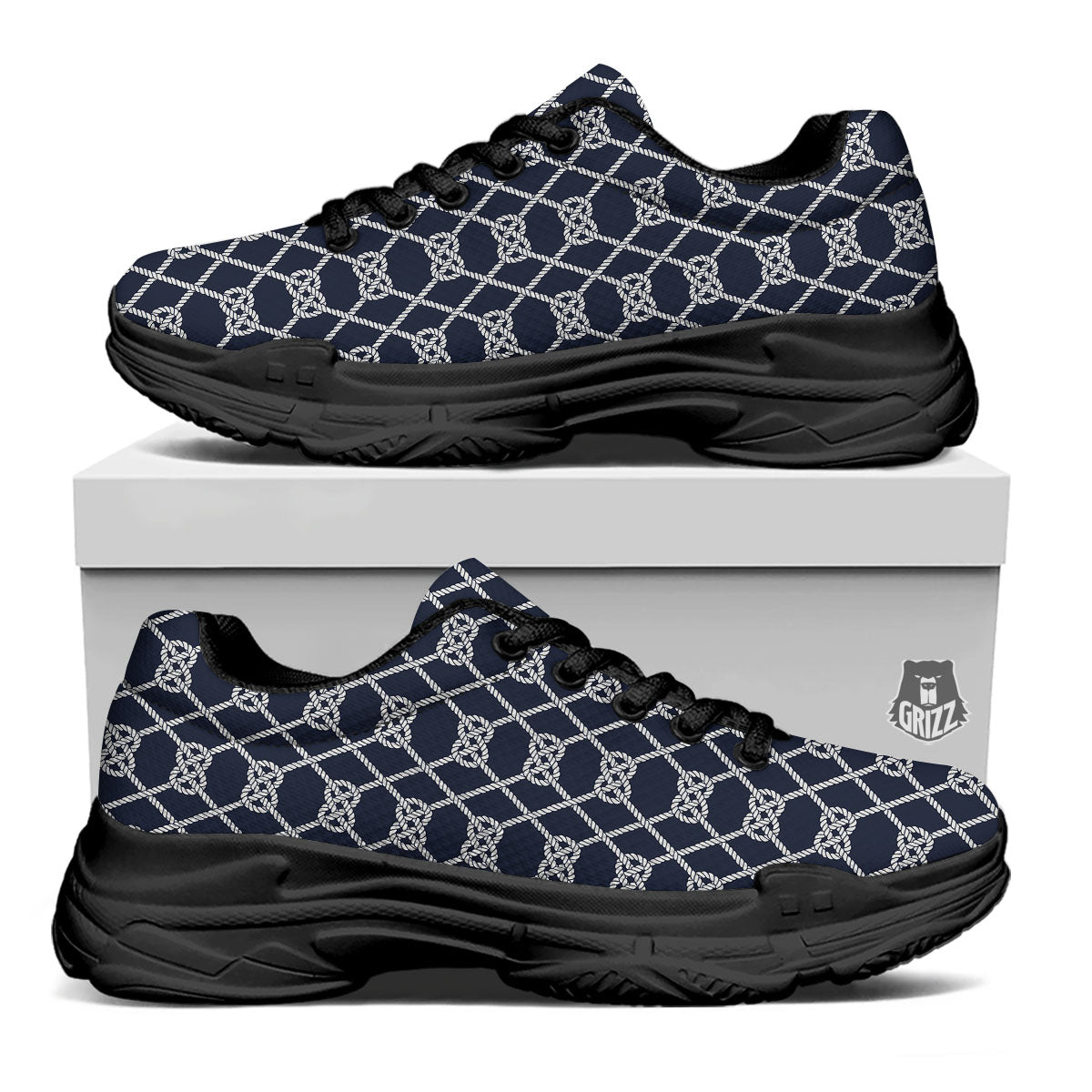 Fishing Knots Rope Print Pattern Black Chunky Shoes-grizzshop