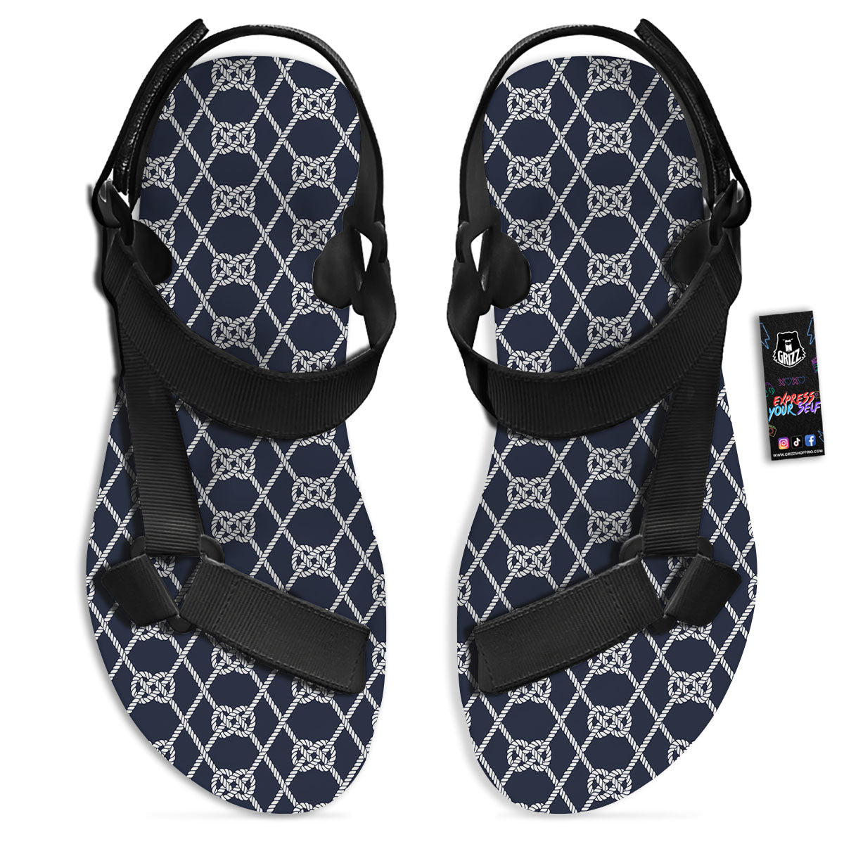 Fishing Knots Rope Print Pattern Black Open Toe Sandals-grizzshop