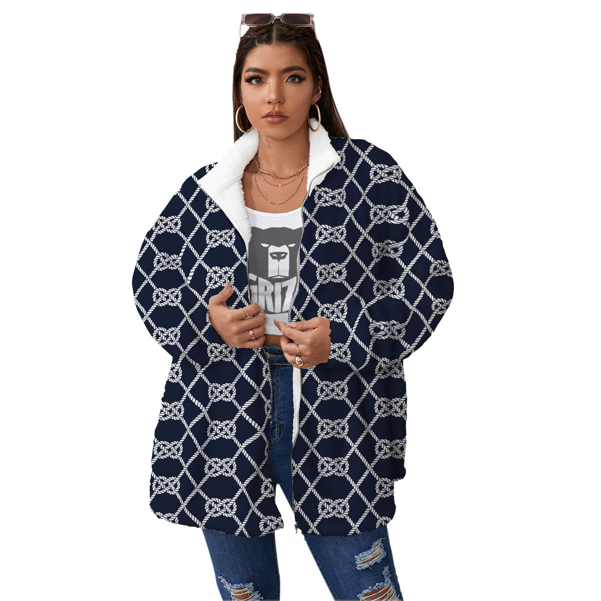 Fishing Knots Rope Print Pattern Women's Sherpa Jacket-grizzshop