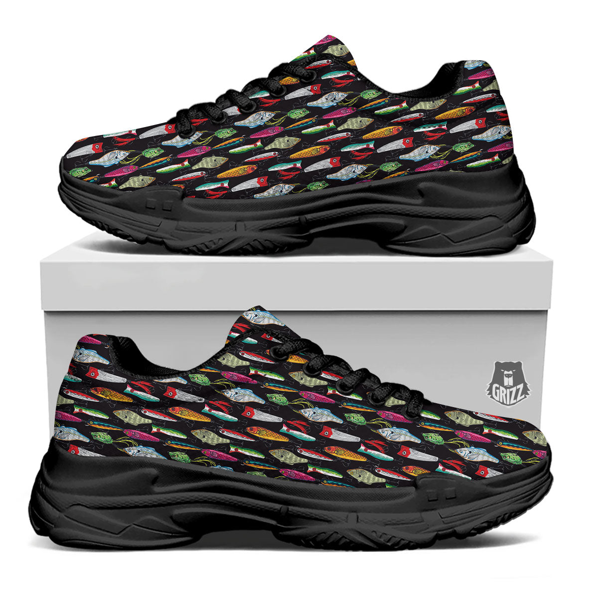 Fishing Print Pattern Black Chunky Shoes-grizzshop