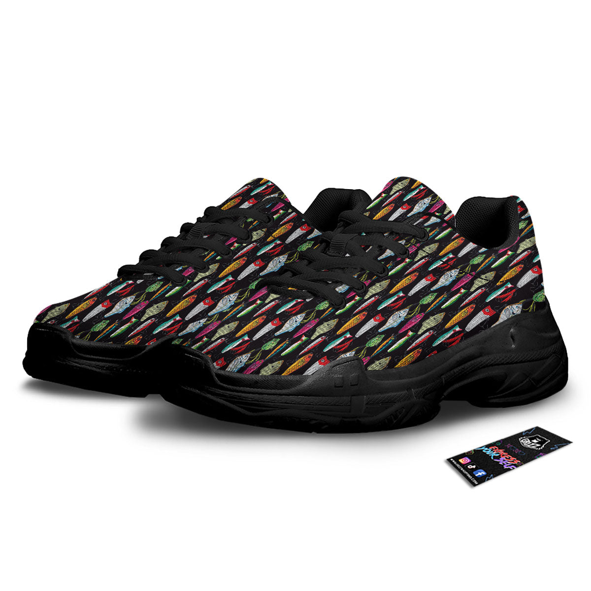 Fishing Print Pattern Black Chunky Shoes-grizzshop