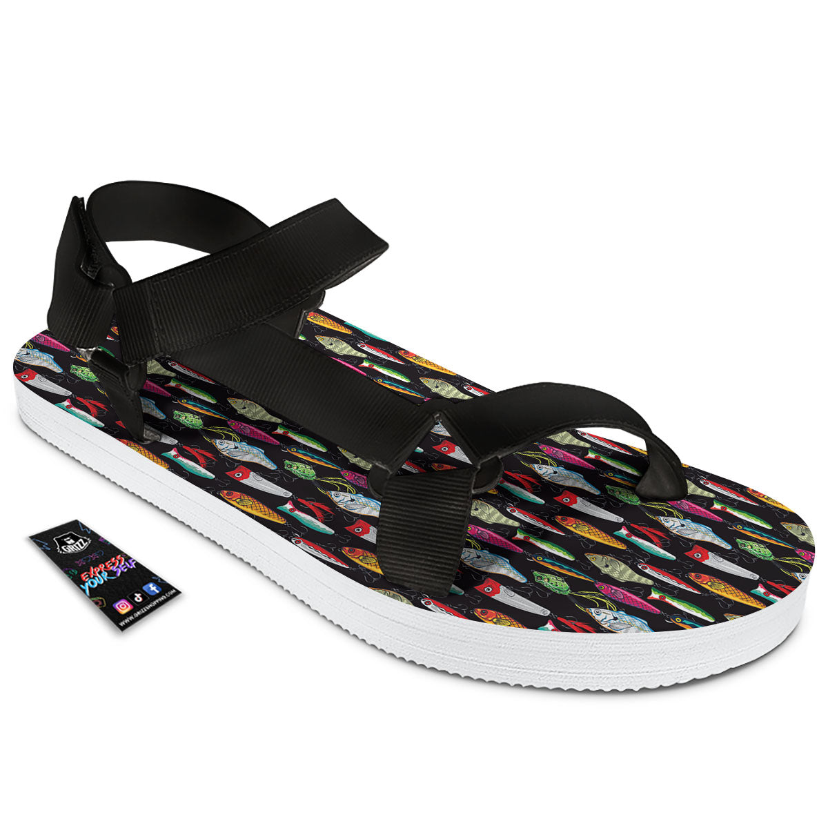 Fishing Print Pattern Black Open Toe Sandals-grizzshop