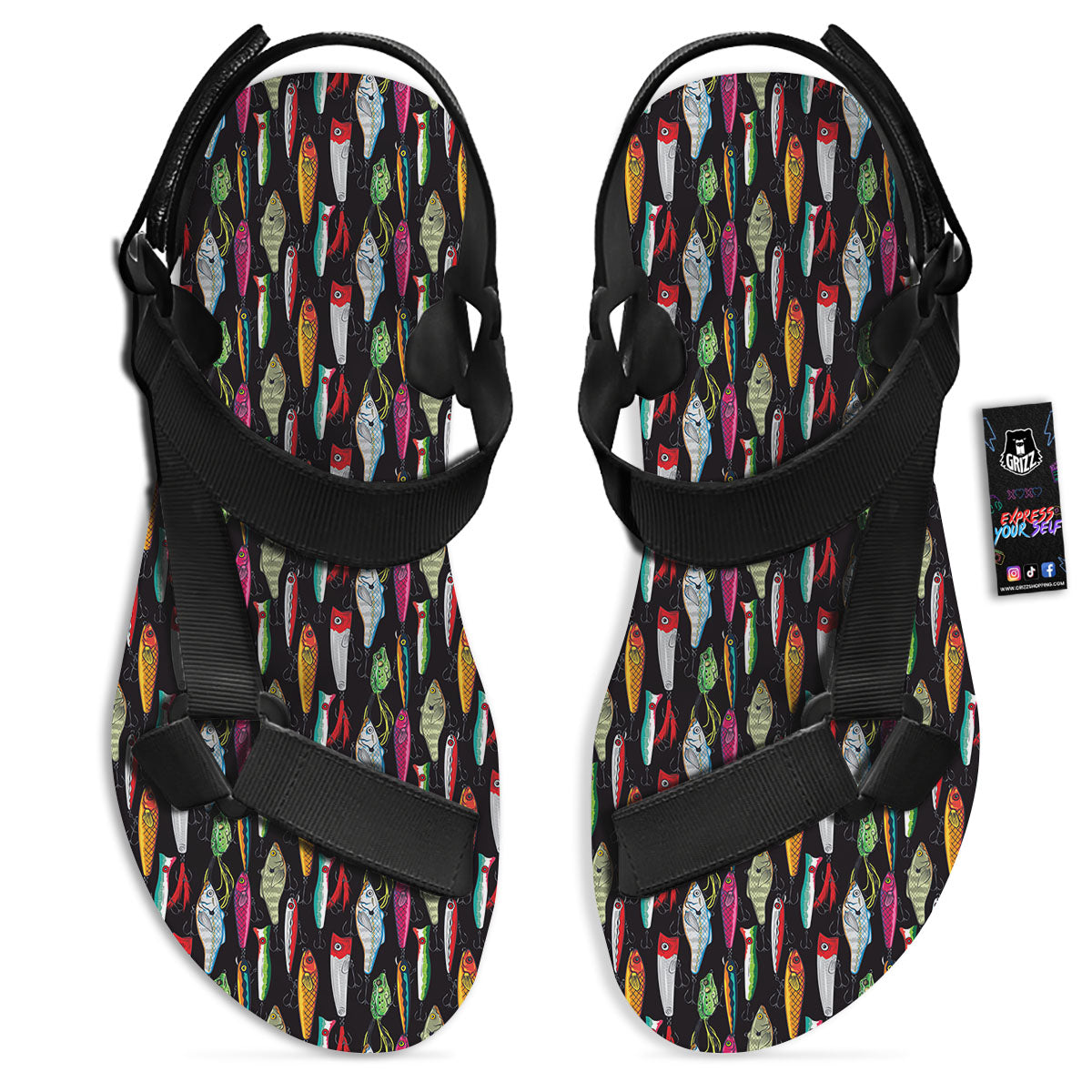 Fishing Print Pattern Black Open Toe Sandals-grizzshop