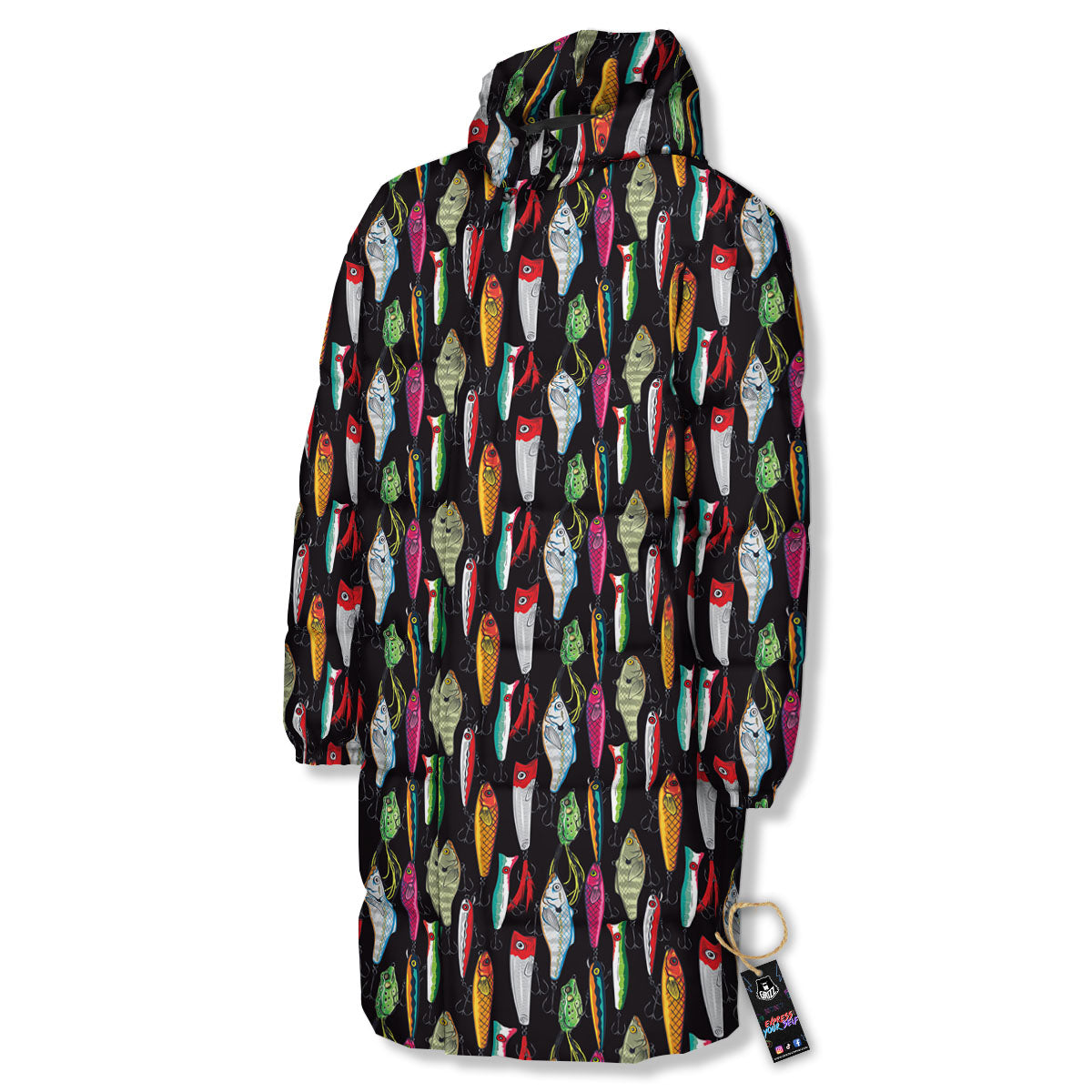 Fishing Print Pattern Long Down Jacket-grizzshop