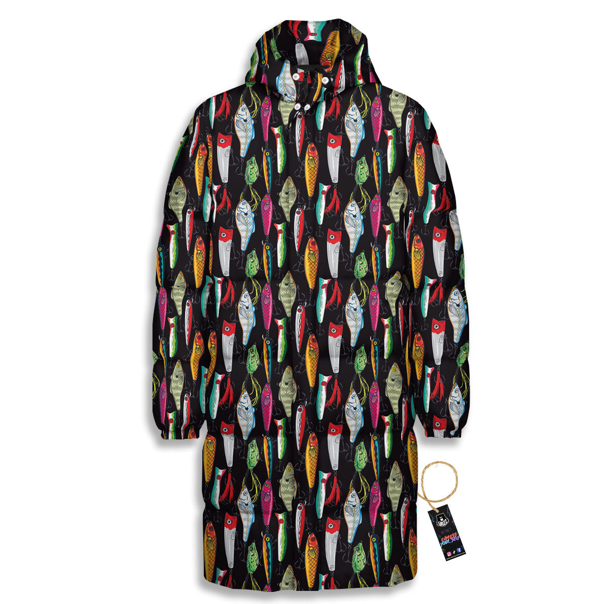 Fishing Print Pattern Long Down Jacket-grizzshop