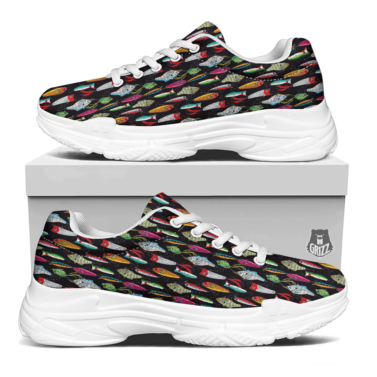 Fishing Print Pattern White Chunky Shoes-grizzshop