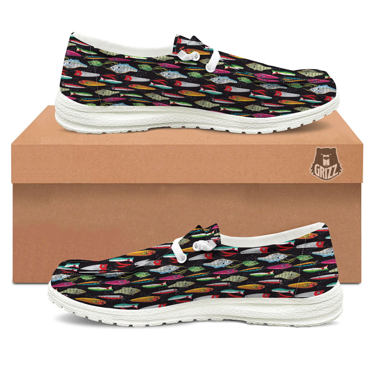 Fishing Print Pattern White Loafers-grizzshop