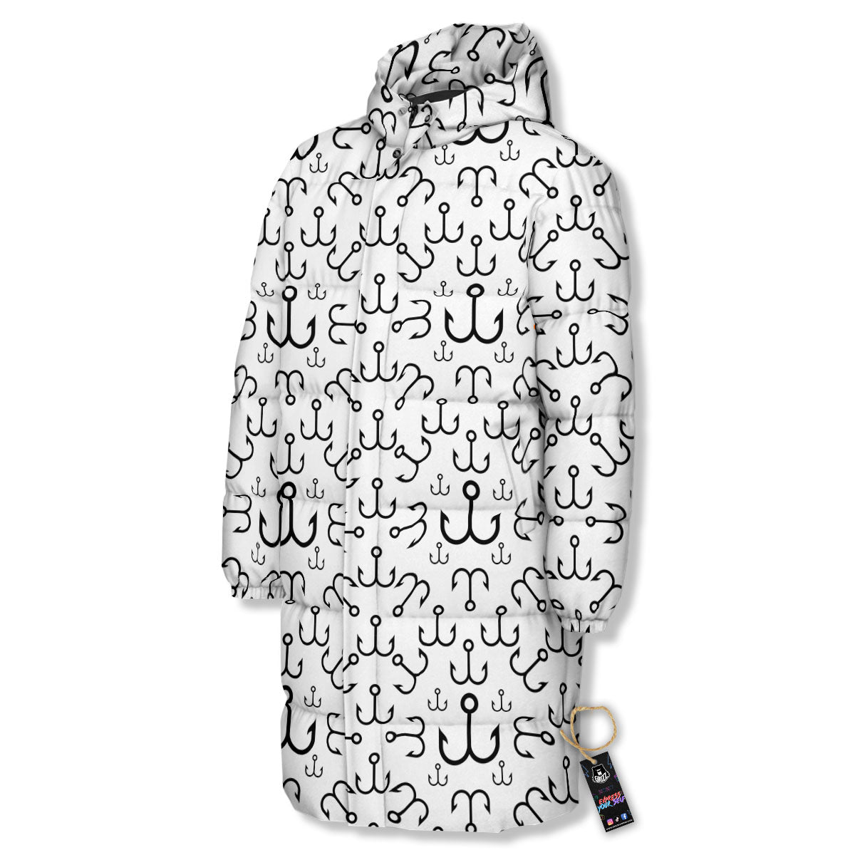 Fishing Hooks White And Black Print Long Down Jacket