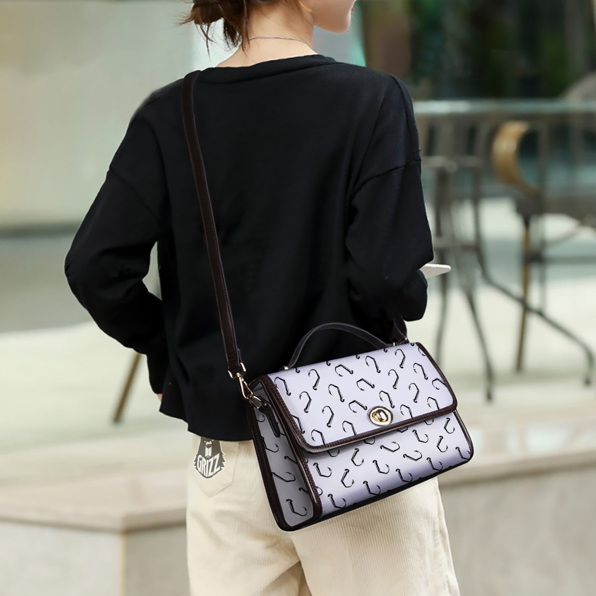 Fishing Hooks White And Black Print Pattern Women's Satchel Bag