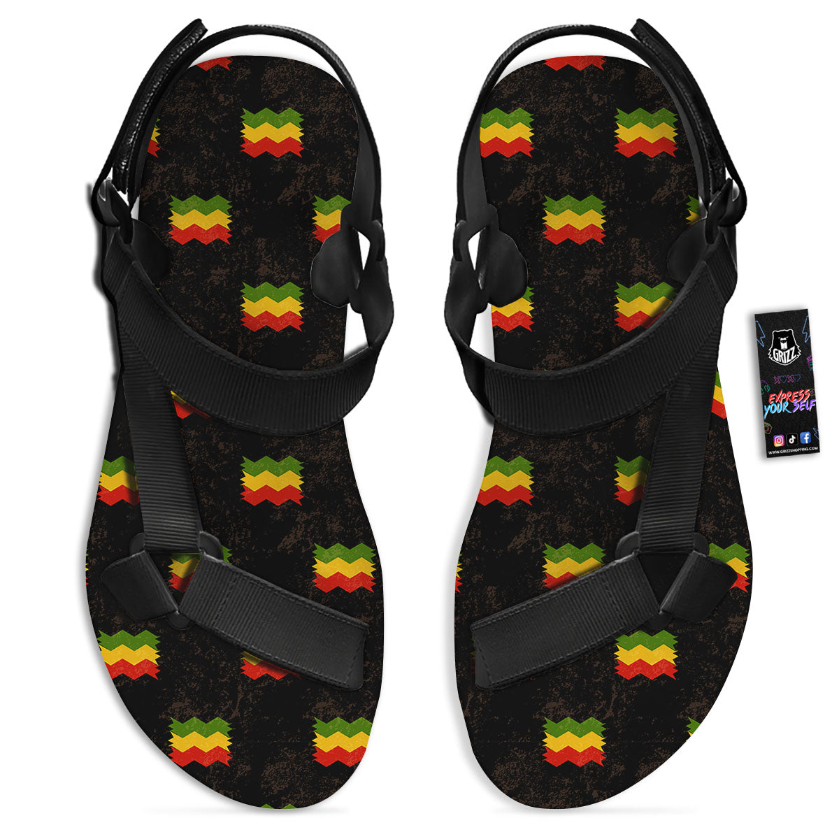 Flag Rasta Print Pattern Black Open Toe Sandals-grizzshop