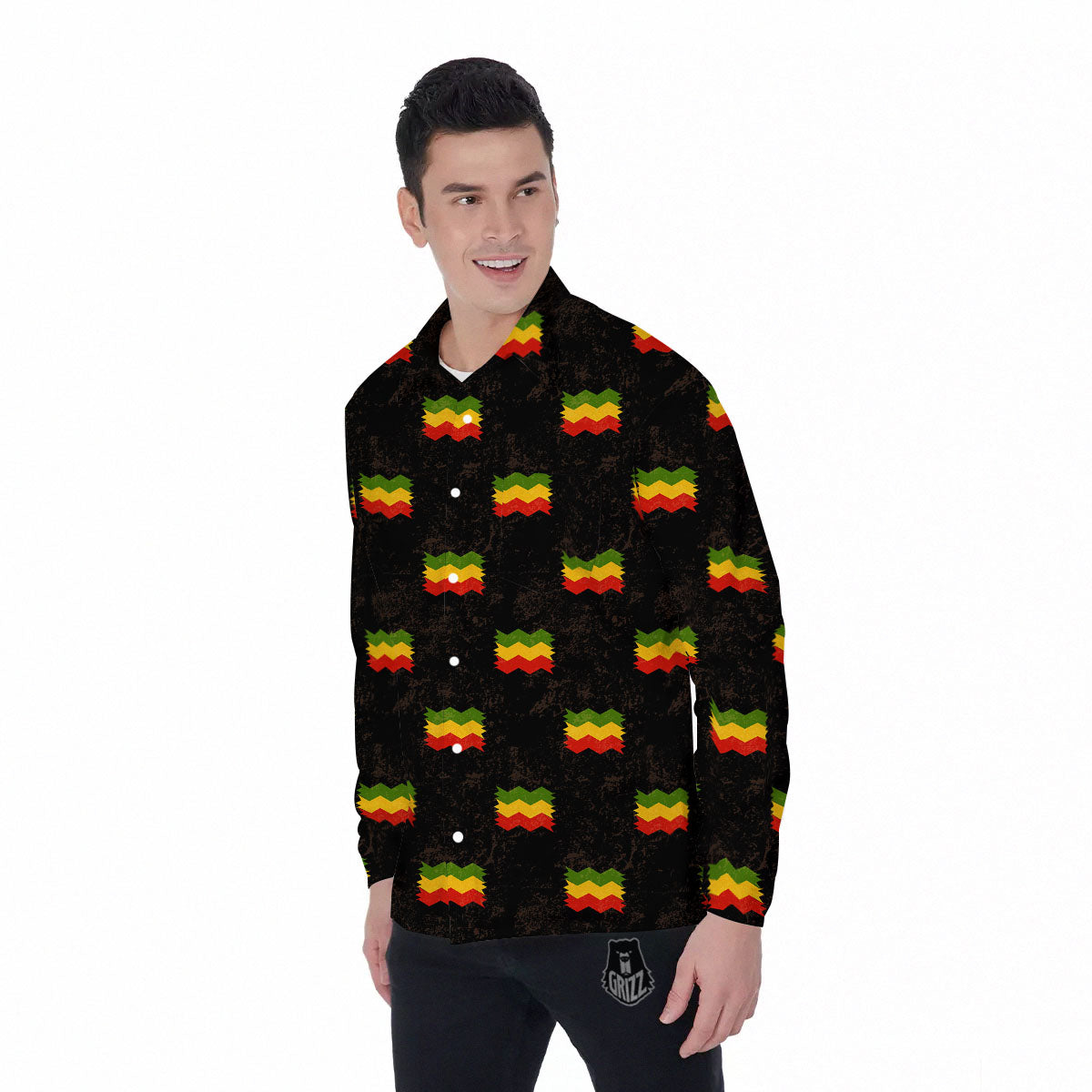 Flag Rasta Print Pattern Men's Long Sleeve Shirts-grizzshop