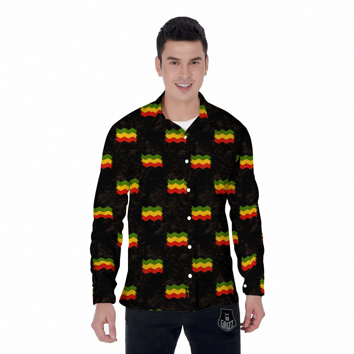 Flag Rasta Print Pattern Men's Long Sleeve Shirts-grizzshop